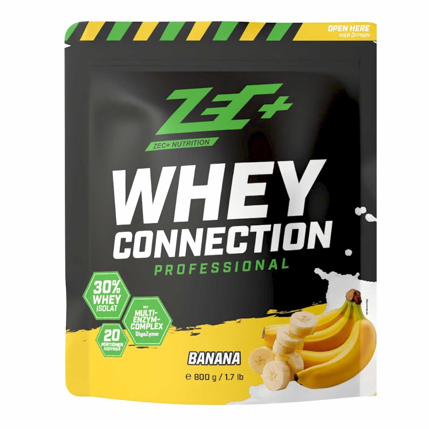 Beutel ZEC+ Whey Connection Professional Banane. Schwarzer Hintergrund, Bananen-Illustration. 30% Whey Isolat, Multi-Enzym-Komplex.