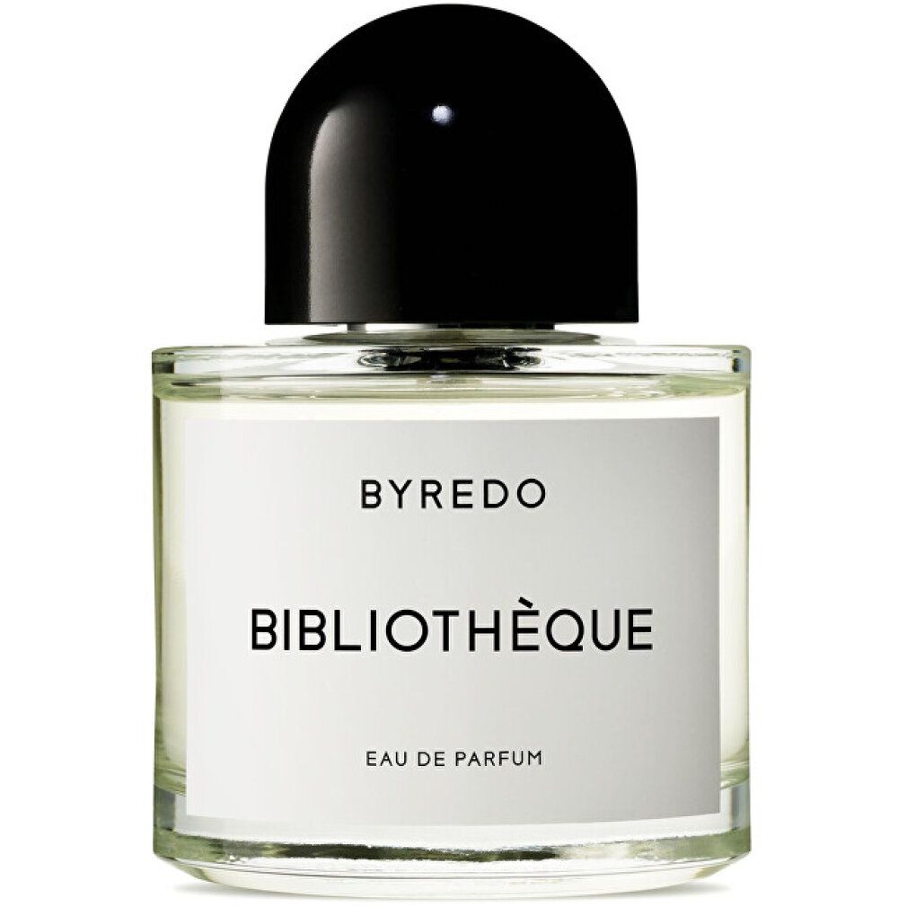 Glasflakon mit schwarzem Deckel. Weißes Etikett mit "BYREDO", "BIBLIOTHÈQUE" und "EAU DE PARFUM".