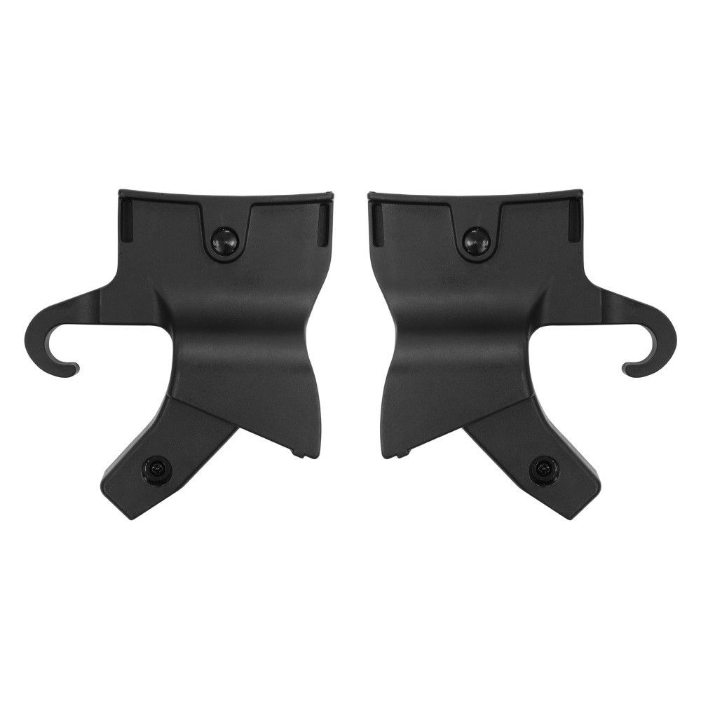 Zwei schwarze Adapter. Jeder Adapter hat einen Haken und eine Befestigungsvorrichtung mit Schraube.