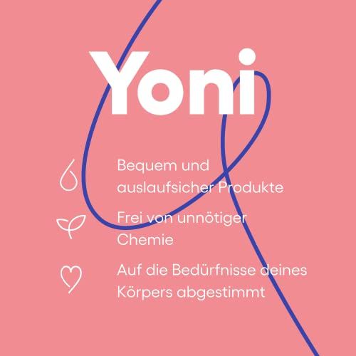 Text auf rosa Hintergrund: Yoni, bequem und auslaufsicher, frei von Chemie, auf Körperbedürfnisse abgestimmt.