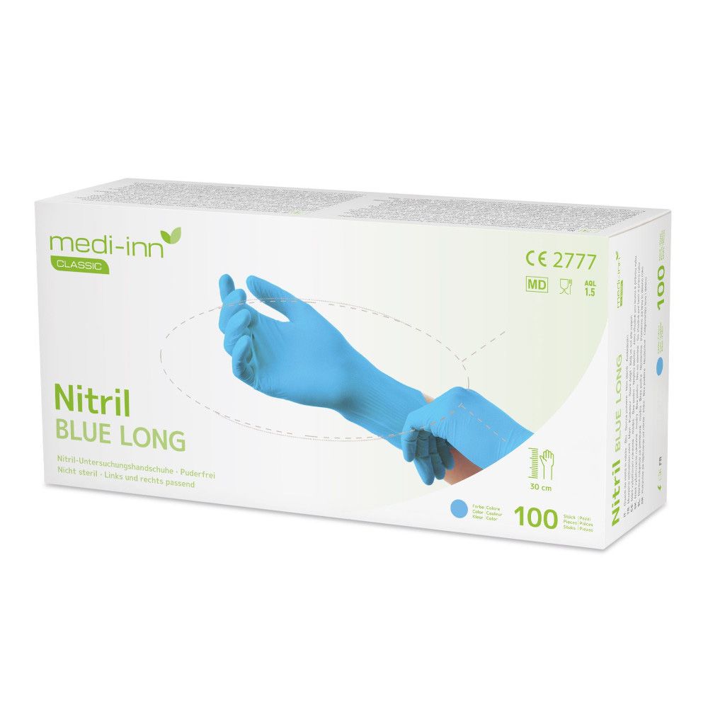 Medi-Inn Nitril Blue Long Einmalhandschuhe, blau, 100 Stück.