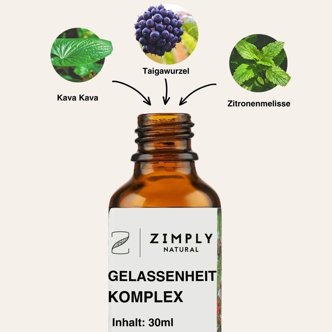 Braune Flasche mit Sprühkopf. Oben: Kava Kava, Taigawurzel, Zitronenmelisse. Etikett: Gelassenheit Komplex, Logo: ZIMPLY NATURAL.
