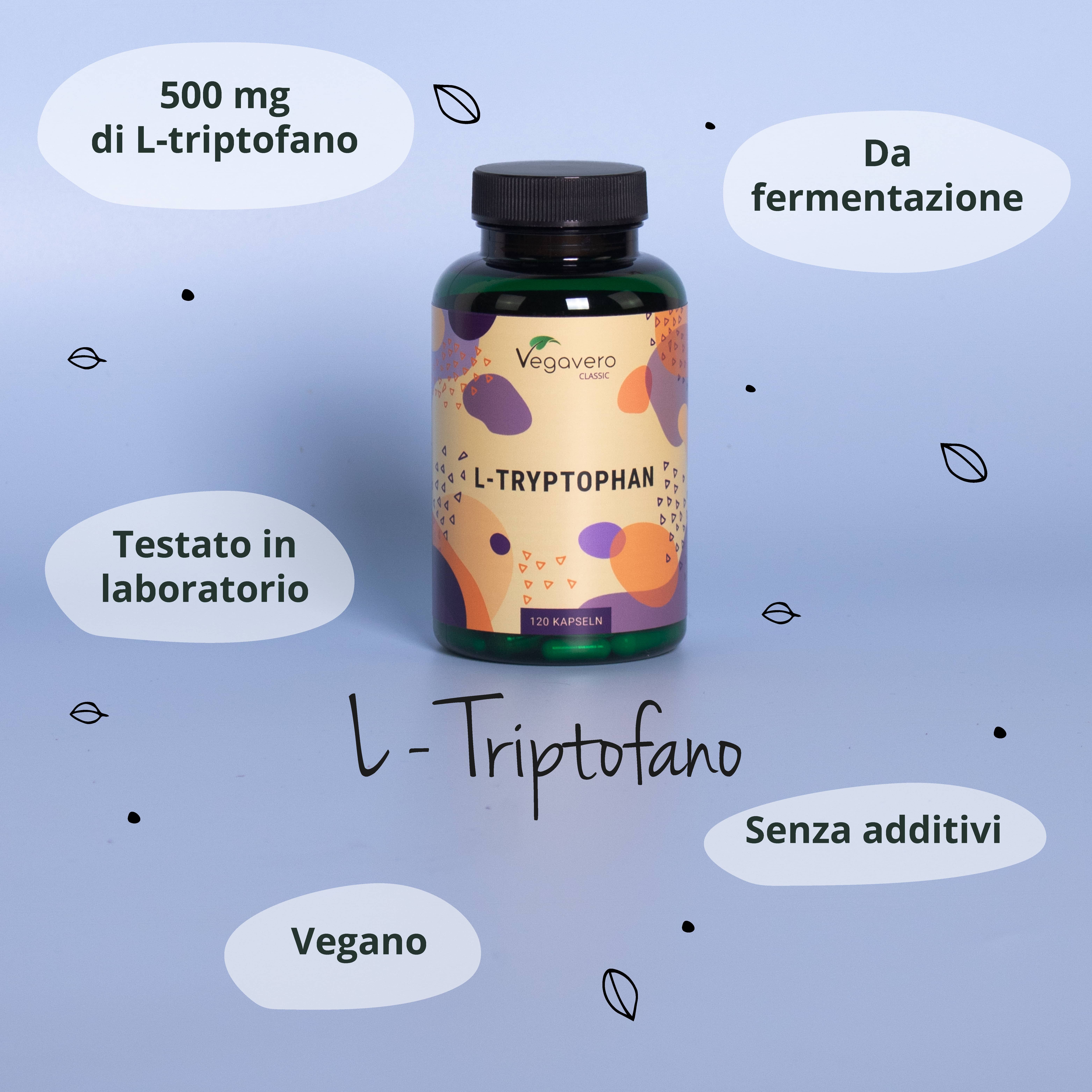 Flasche mit L-Tryptophan. Text: 500 mg L-Tryptophan, vegan, ohne Zusatzstoffe, da Fermentation. Blätter und Kreise.