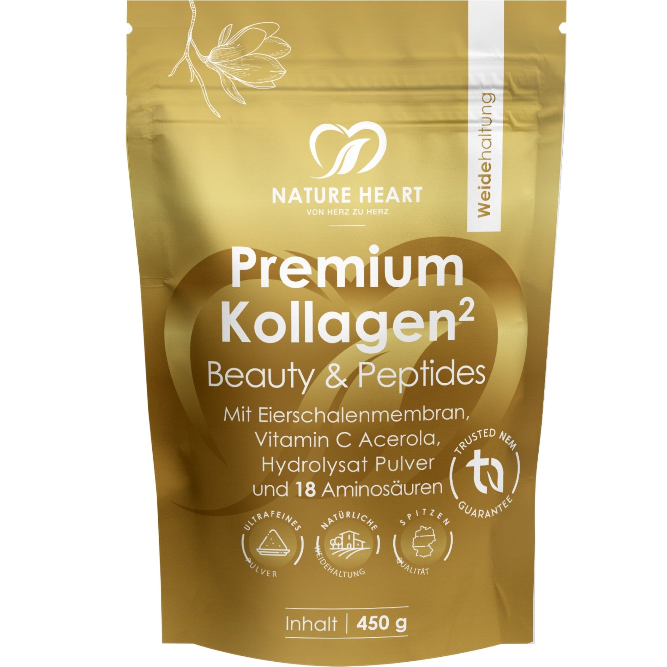 Goldene Verpackung mit 'Nature Heart Premium Kollagen² Beauty & Peptides' Aufschrift, 450g Inhalt.