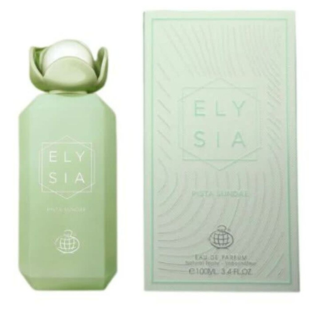 Hellgrüne Flasche und Verpackung. Aufschrift: ELYSIA, PISTA SUNDAE. Logo. Eau de Parfum.