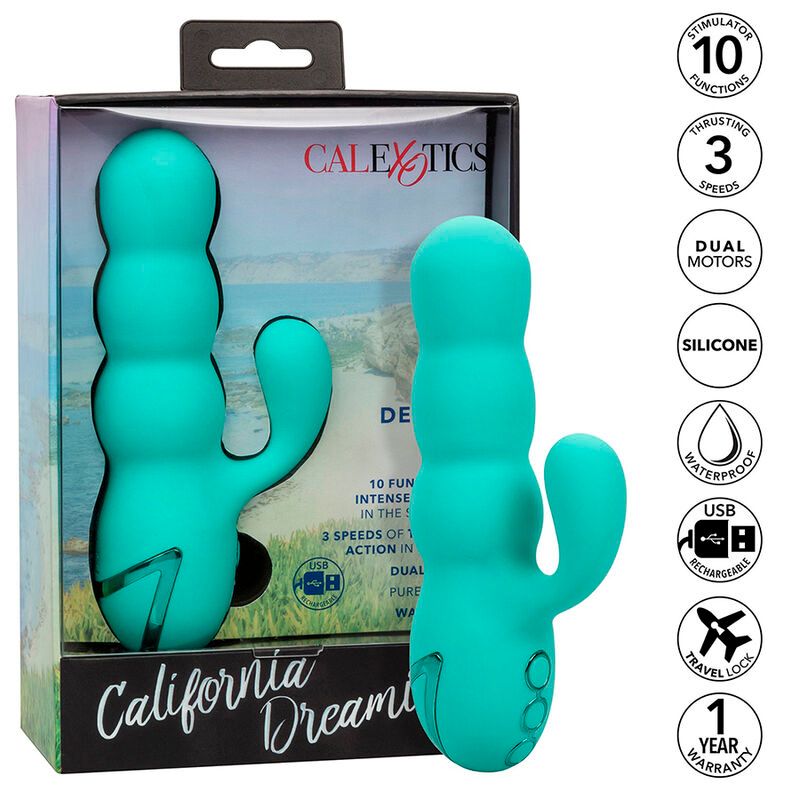 Verpackung mit türkisfarbenem Vibrator. Aufschrift: CalExotics, Del Mar Diva, California Dreaming. Symbole.