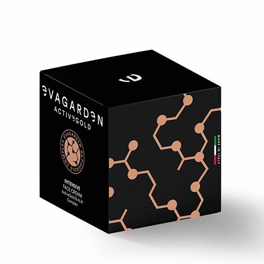Schwarzer Karton mit Produktnamen und Logo. Goldene hexagonale Muster. Aufschrift "Made in Italy".