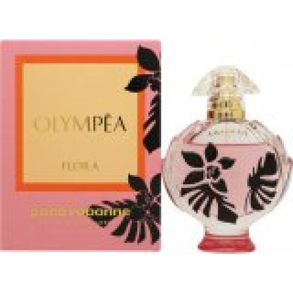 Rosa Parfumflasche mit schwarzem Blumendekor und rosa Verpackung mit Logo. Olympea Flora.