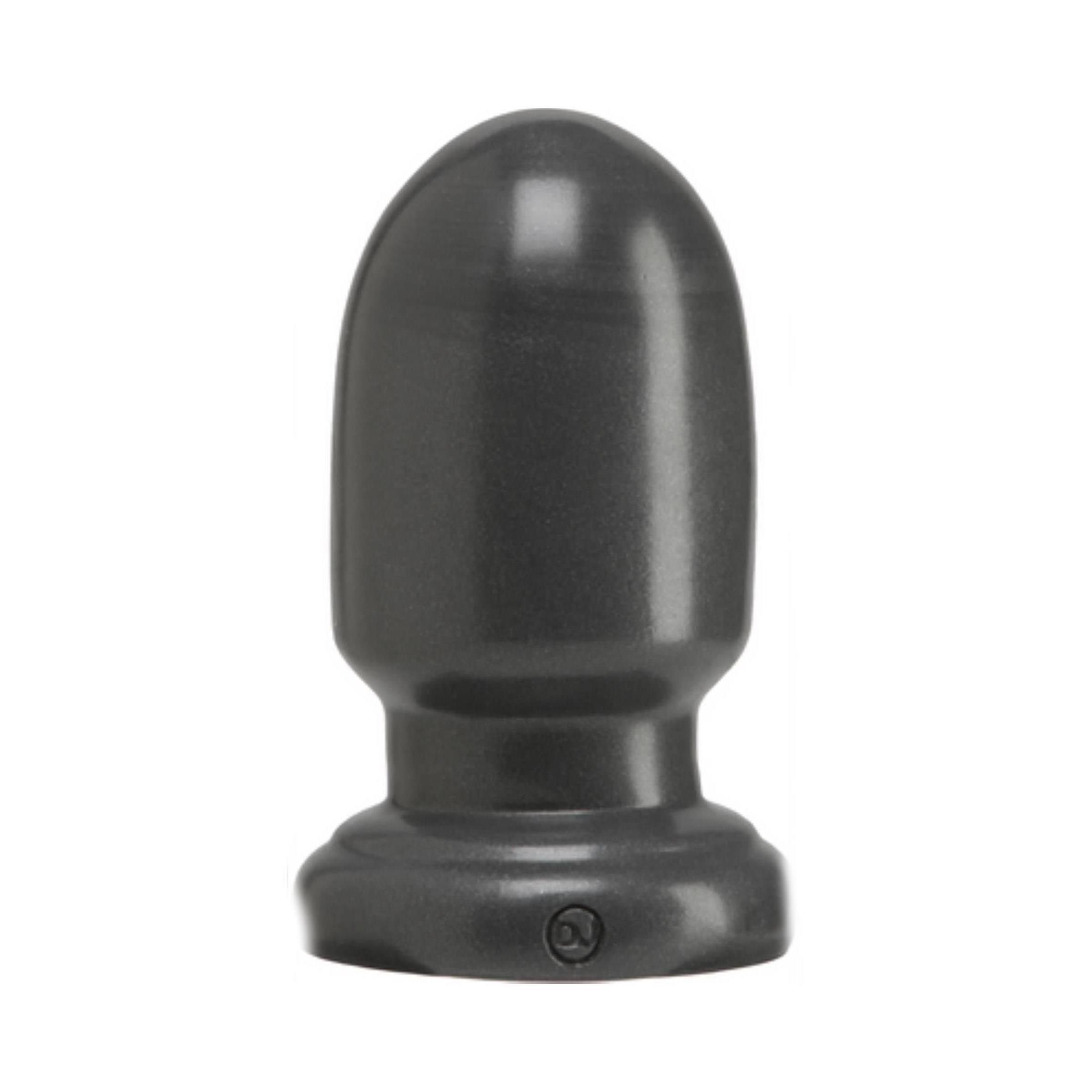 Grauer Butt Plug mit konischer Form und breiter Basis. Das Produkt ist aus glattem Material gefertigt.