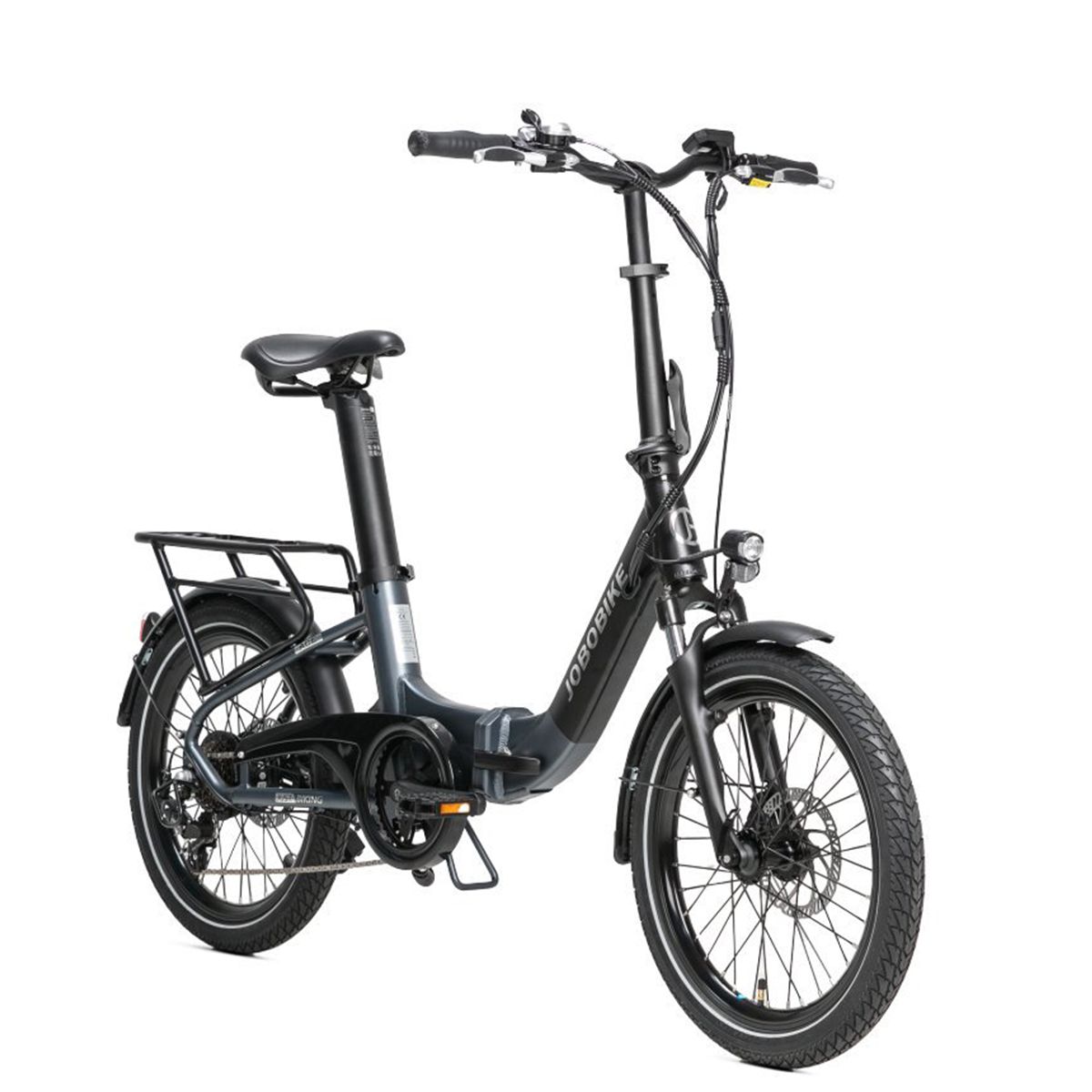 Faltbares E-Bike, schwarz und grau. Mit Gepäckträger, Schutzblechen und Scheinwerfer. JOBOBIKE-Logo.