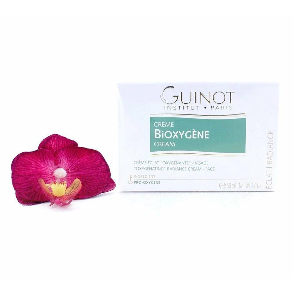 Verpackung der Guinot Bioxygene Creme mit einer Orchidee.