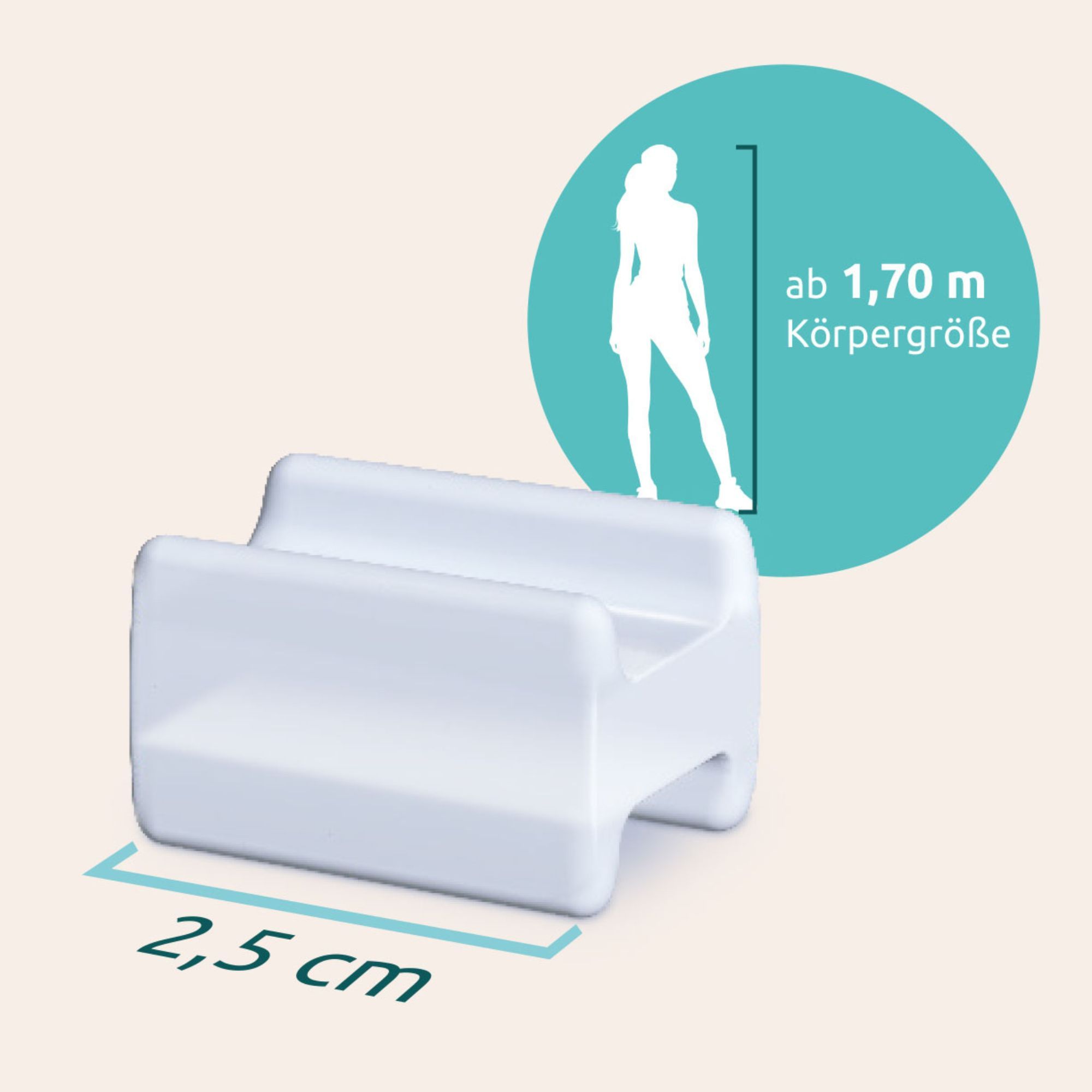 Weißer TJ-Motion Aligner, 2,5 cm. Abbildung einer Person mit einer Körpergröße ab 1,70 m. Produkt zur Anwendung im Mund.