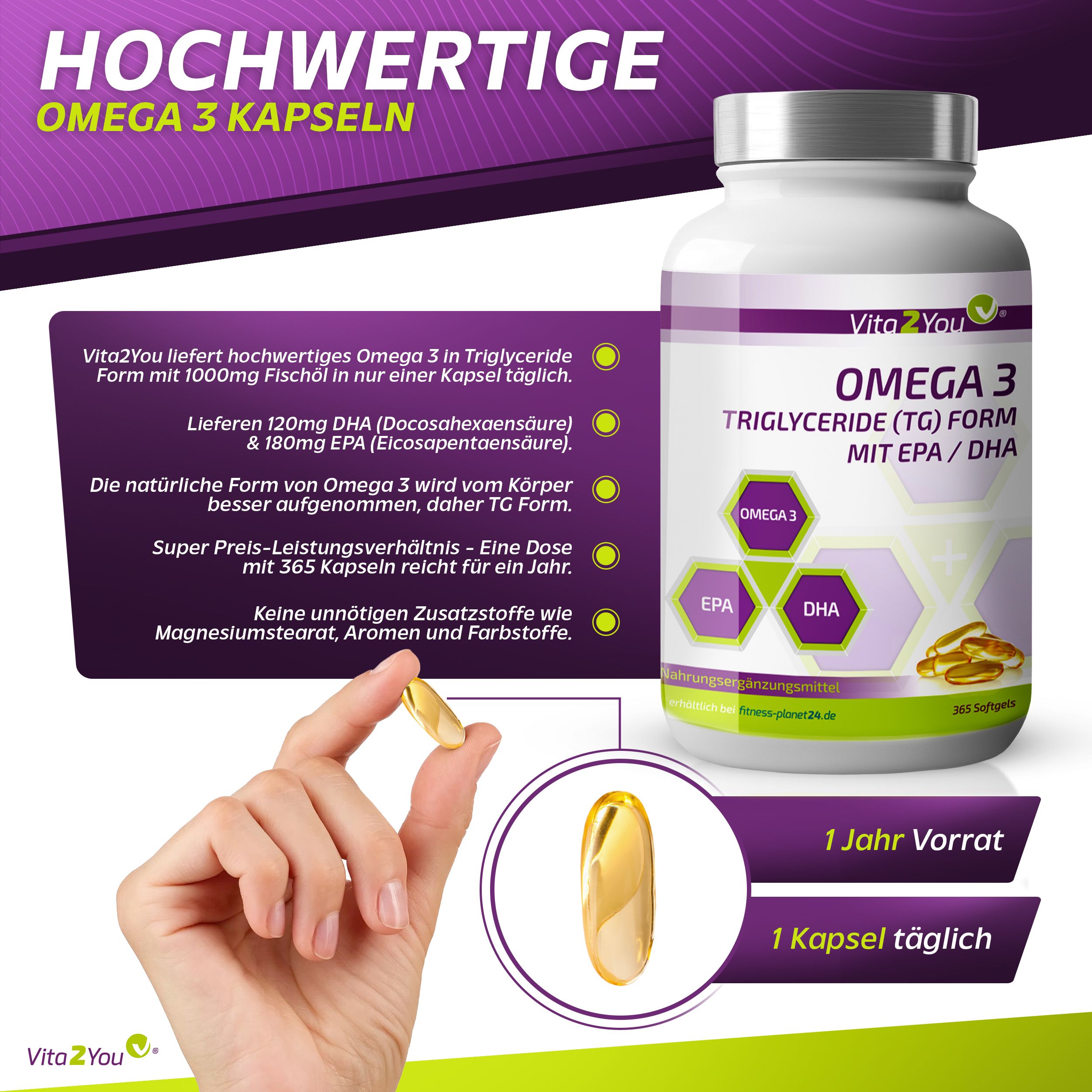 Vita2You Omega 3 - 1000mg - Triglyceride Form - EPA & DHA