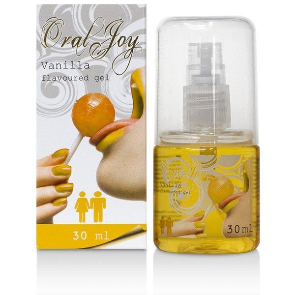 Flasche mit gelbem Gel und Sprühkopf. Aufschrift "Oral Joy Vanilla flavoured gel". Verpackung mit Abbildung und Text.