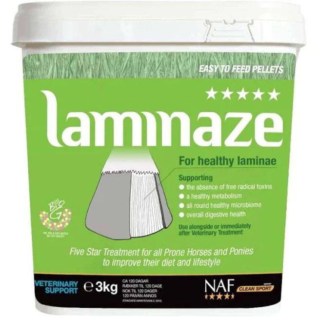 Weißer Eimer mit grünem Etikett. Aufschrift: Laminaze, für gesunde Laminae. Enthält Informationen zur Unterstützung der Gesundheit.