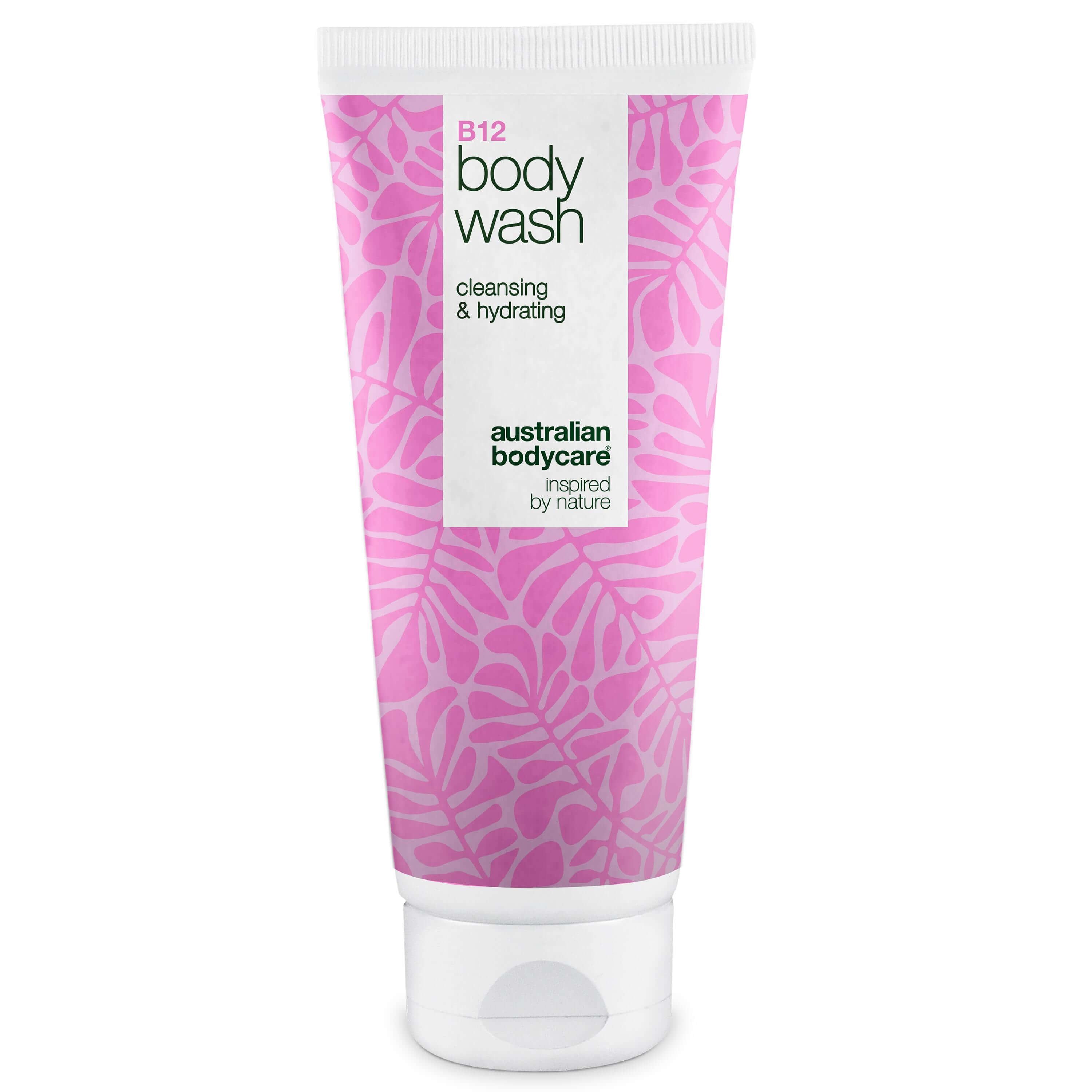 Tube rose avec bouchon blanc. Inscription : B12 body wash, cleansing & hydrating. Marque : Australian Bodycare.