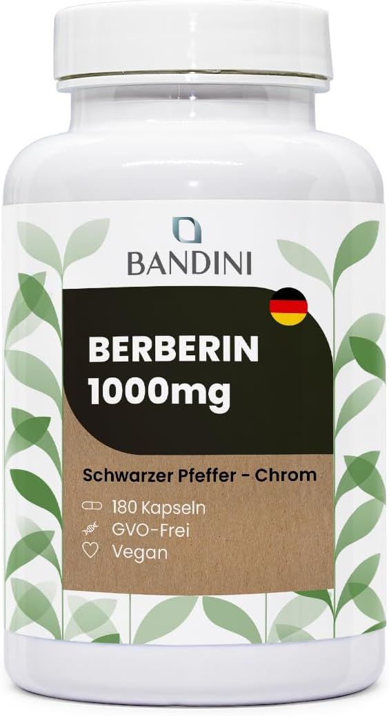 Weiße Flasche mit Bandini Berberin 1000mg Kapseln. Aufschrift: Schwarzer Pfeffer - Chrom, 180 Kapseln, GVO-Frei, Vegan.
