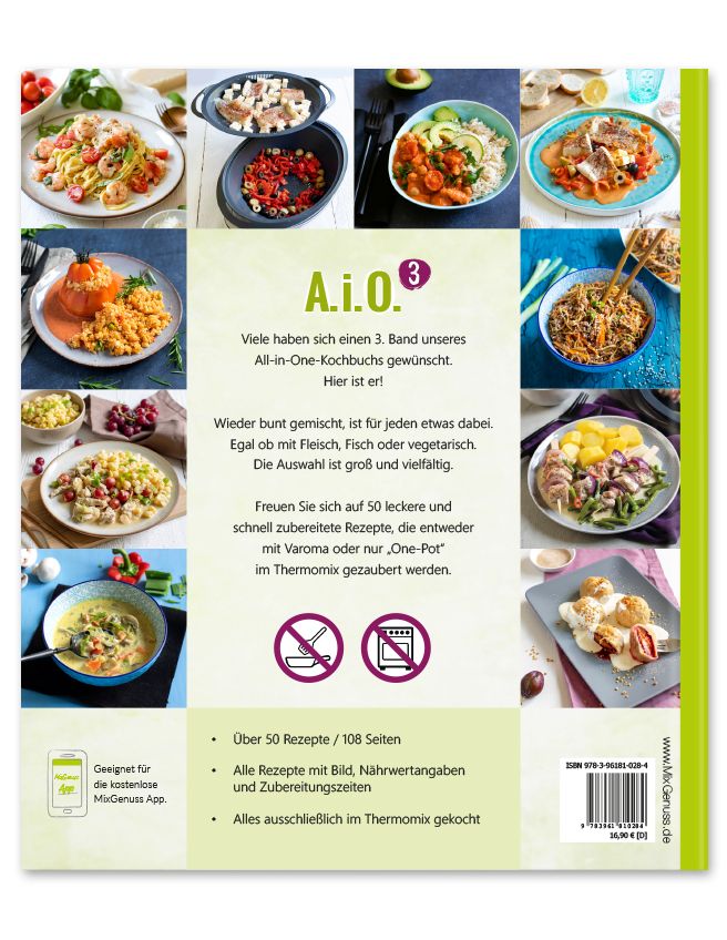 Rückseite des Kochbuchs A.i.O. All in One Band 3. Verschiedene Gerichte, Text und Logo. Grüner Hintergrund.
