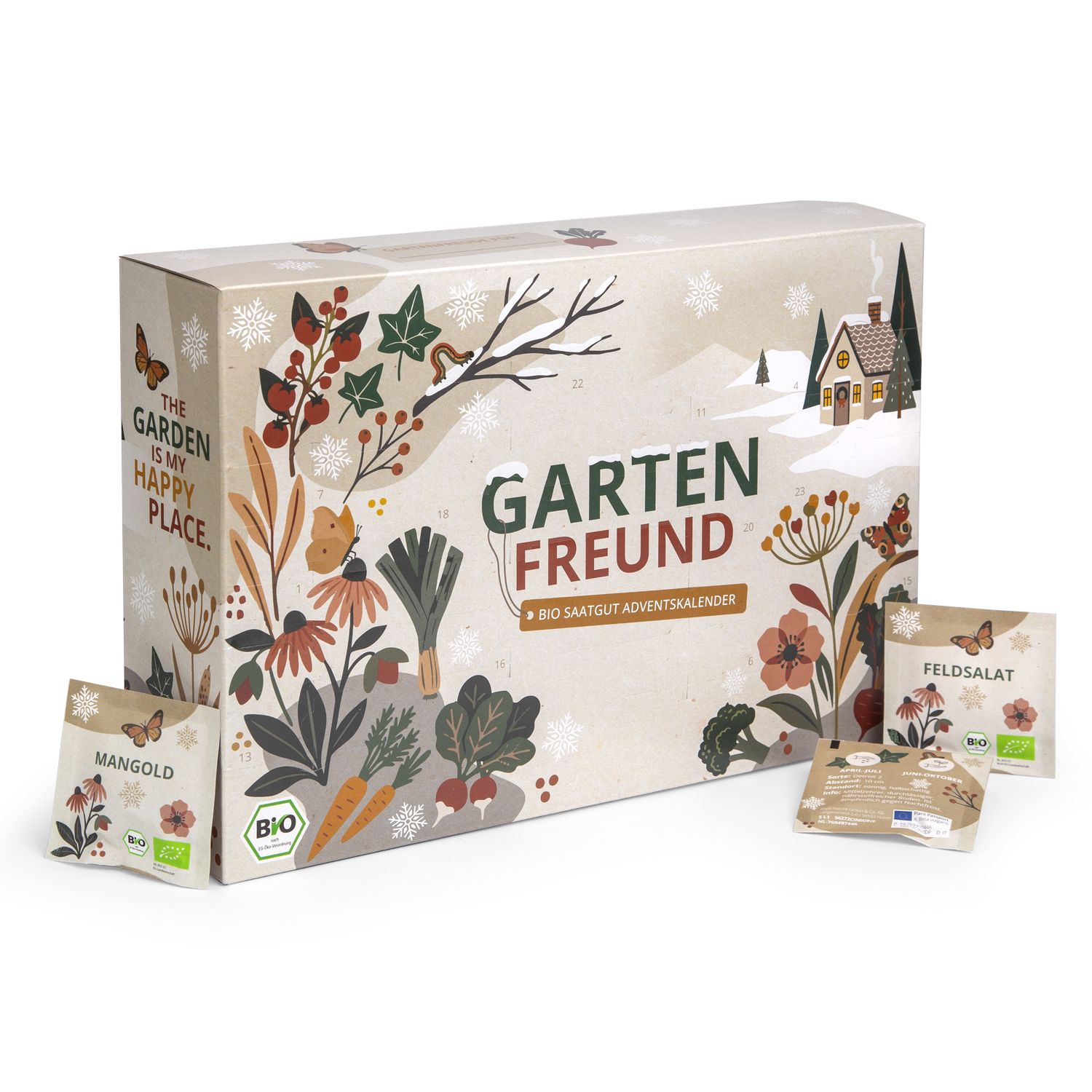 BIO Saatgut Adventskalender "Garten Freund" mit herausgezogenen Tüten Feldsalat und Mangold.