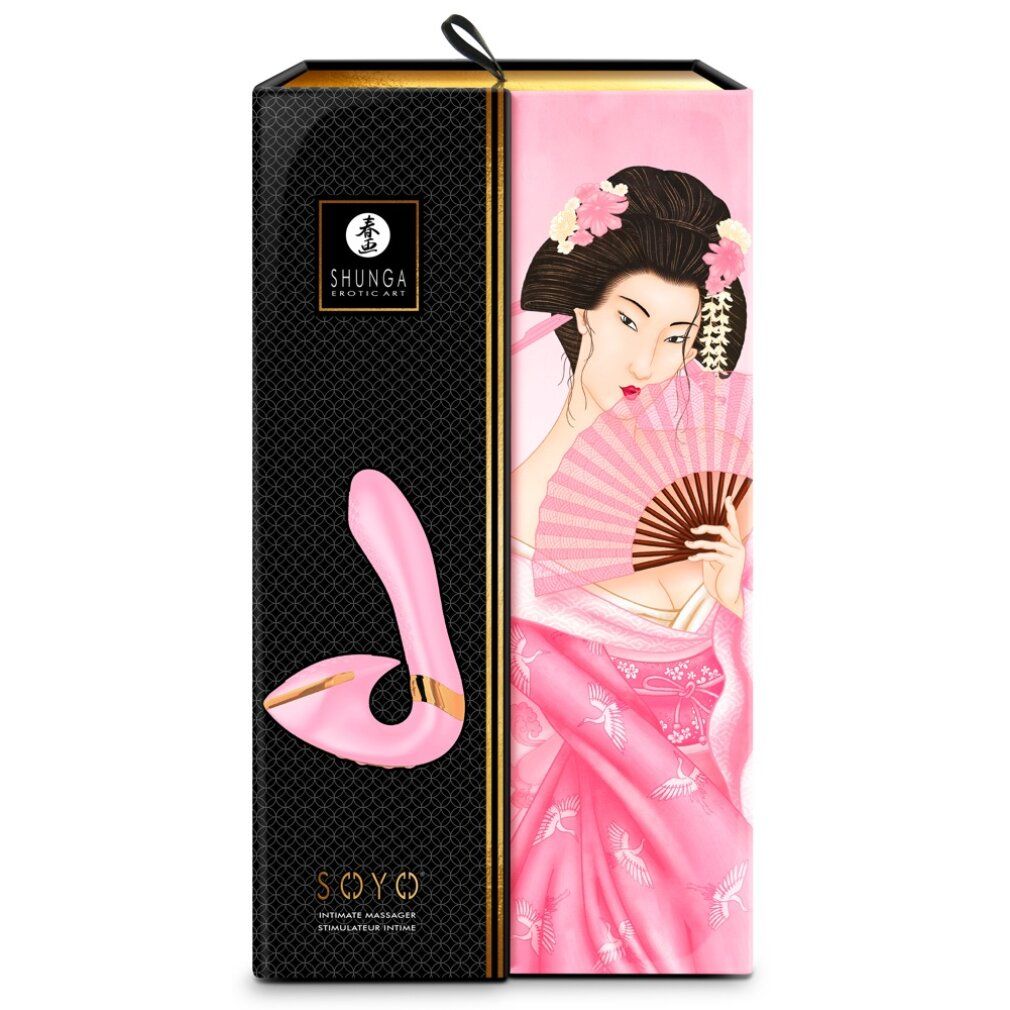 Schwarze Box mit japanischem Design und rosa Vibrator. Goldfarbene Akzente.