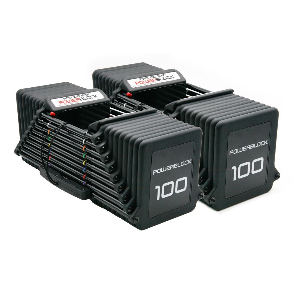 Zwei PowerBlock Pro 100 EXP Kurzhanteln. Schwarze, rechteckige Form mit "100" und PowerBlock-Logo. Verstellbare Gewichte.