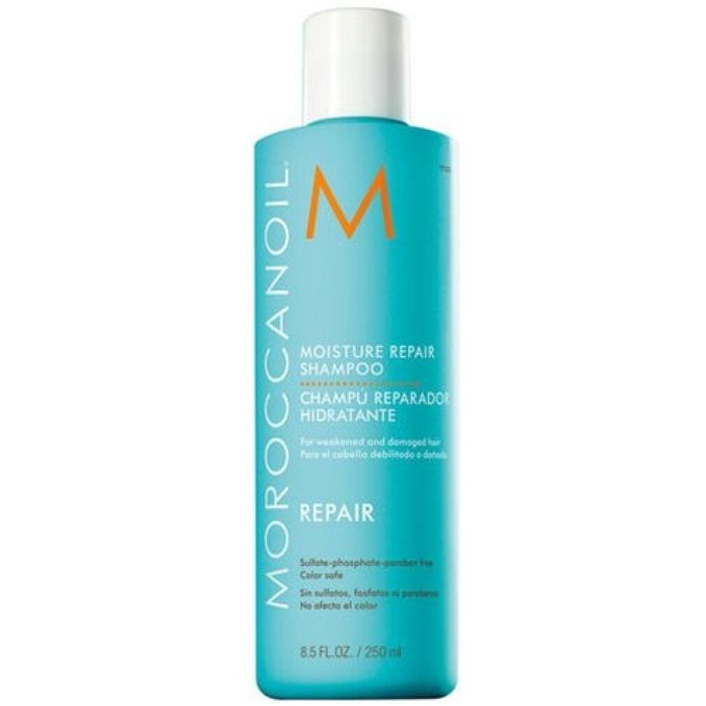 Türkisfarbene Shampoo-Flasche mit weißem Deckel. Aufschrift: Moroccanoil, Moisture Repair Shampoo, Repair. 250 ml.