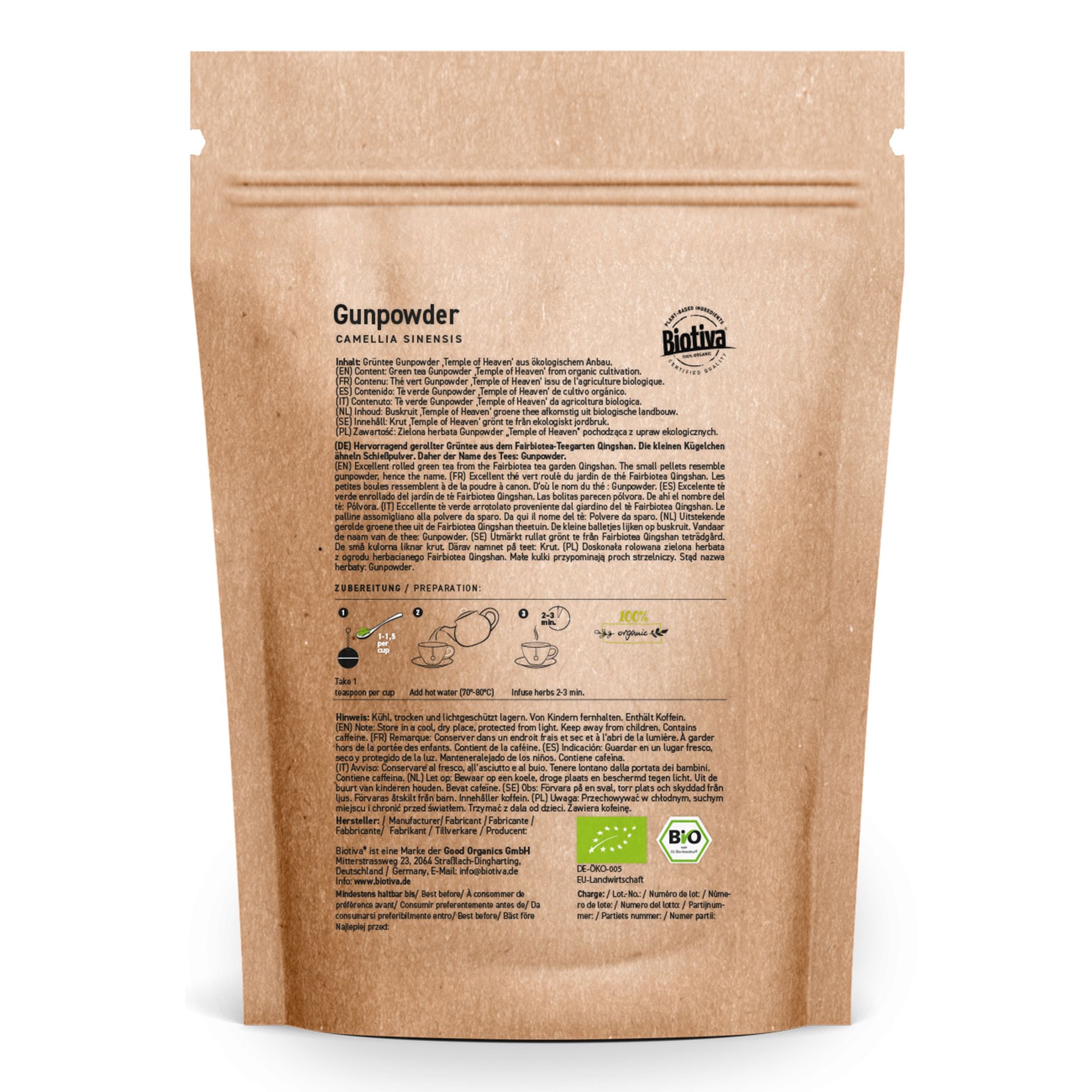 Rückseite des braunen Standbodenbeutels mit Produktinformationen, Biotiva-Logo und Bio-Siegel.