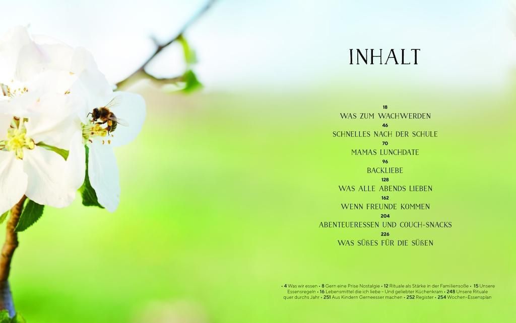 Buchseite: Inhaltsverzeichnis. Titel: Inhalt. Text in Spalten. Hintergrund: grüner Farbverlauf und Blüte.
