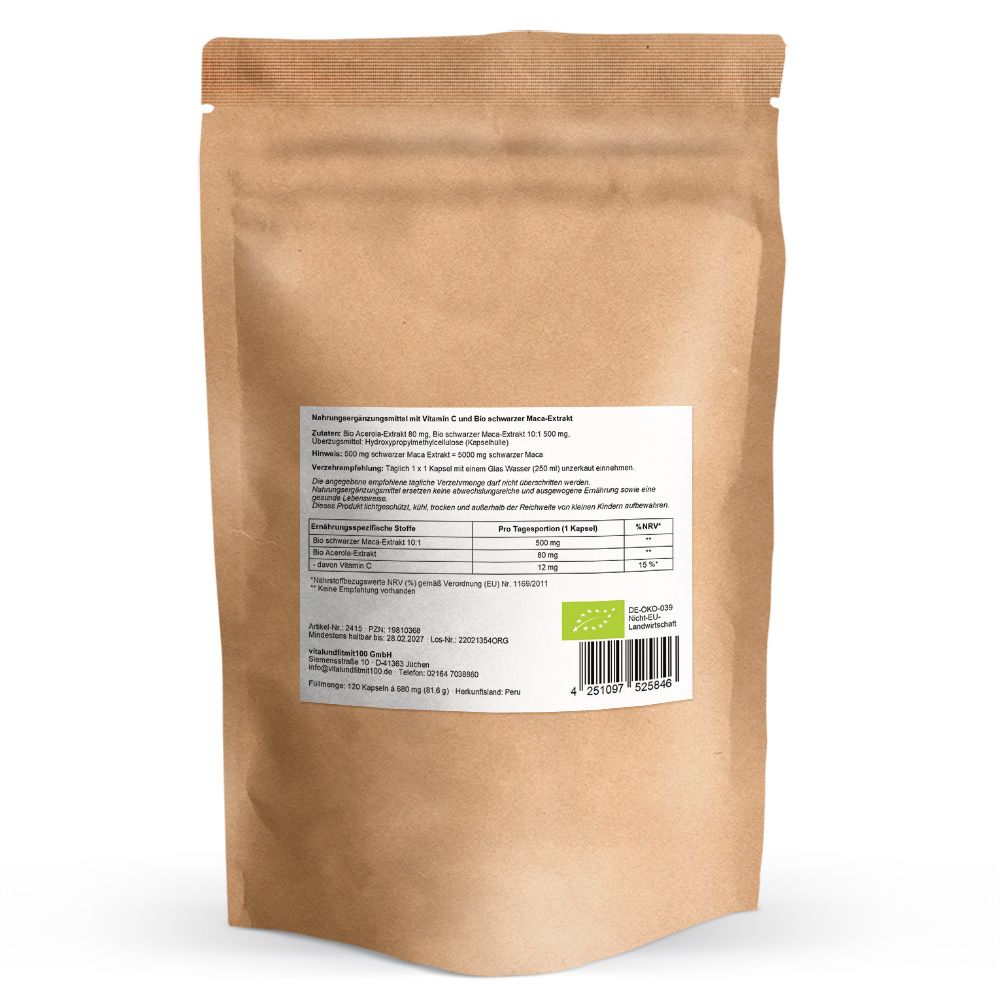Braune Papiertüte mit weißem Etikett. Text: Bio schwarzer Maca-Extrakt 10:1 Kapseln. Enthält Nährwertangaben und Bio-Siegel.