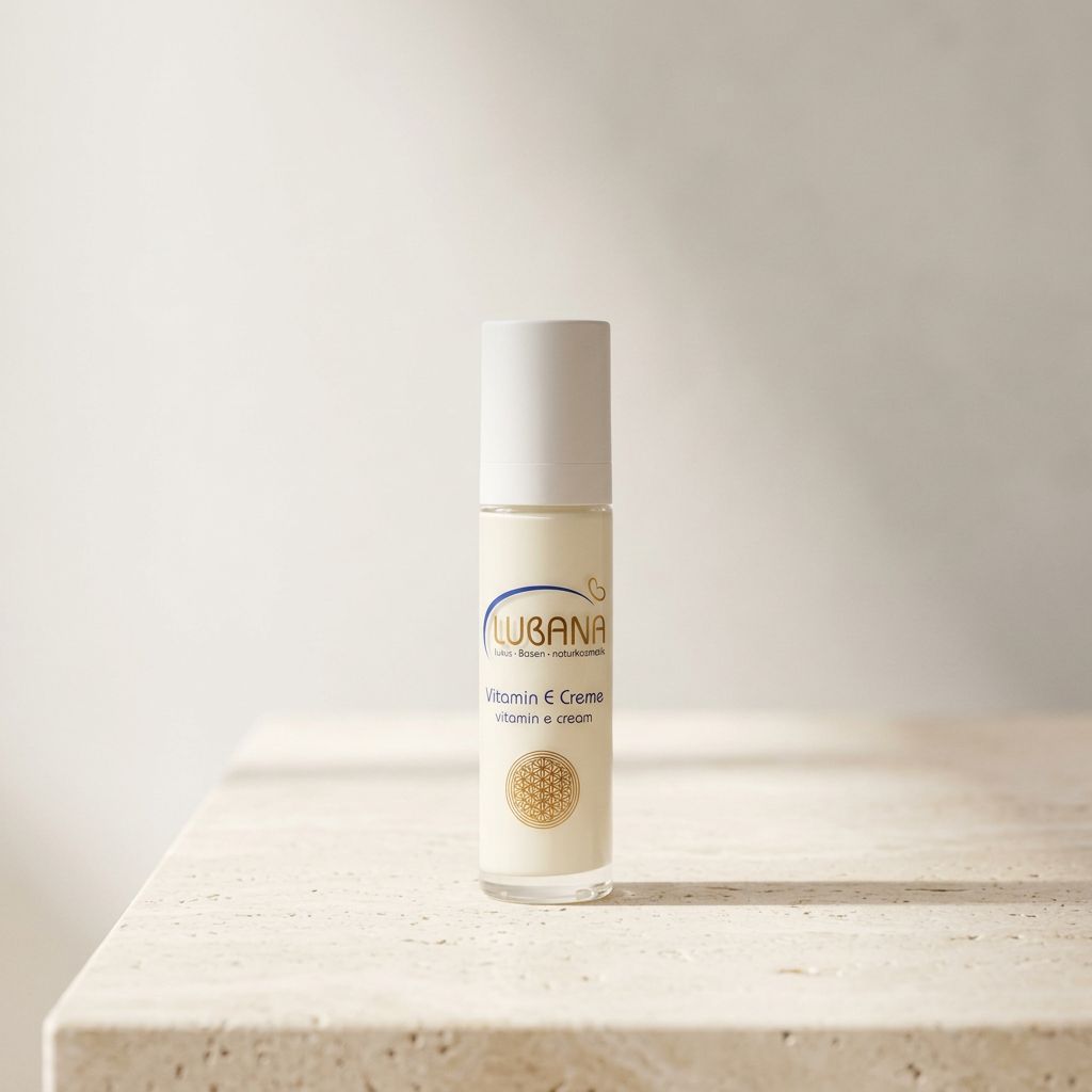 Creme-Flakon auf Steintisch. Weißer Deckel, Aufschrift: Lubana Vitamin E Creme.