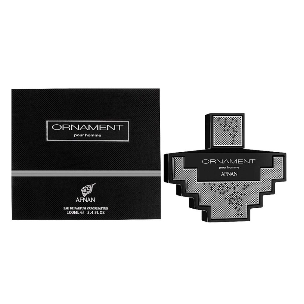 Schwarze Parfumflasche und Verpackung. "Ornament" und "Afnan" Schriftzug. Quadratisches Design mit silbernen Details.