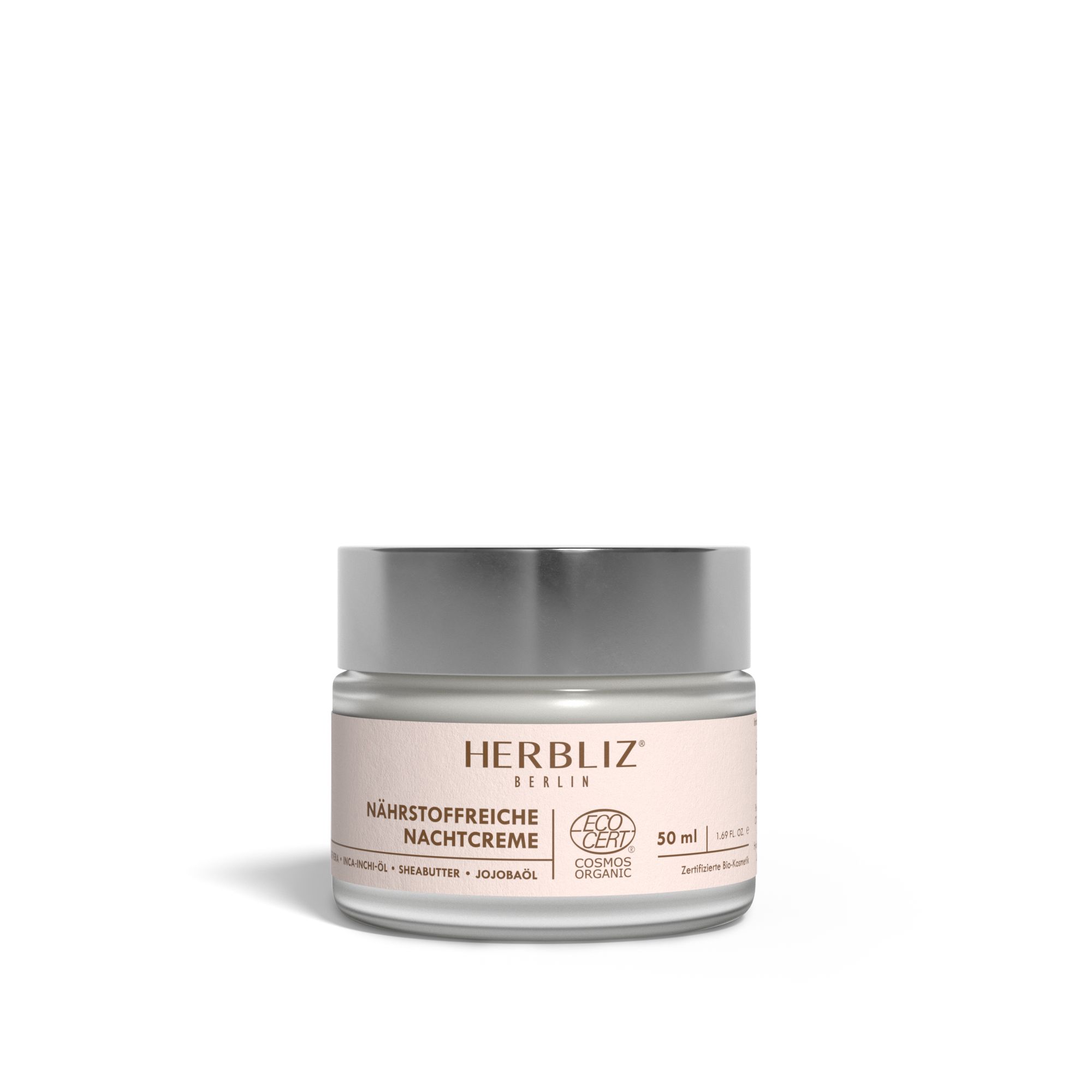 Creme-Glas mit silbernem Deckel. Aufschrift: HERBLIZ, Nährstoffreiche Nachtcreme, 50 ml. Mit Bio-Zertifizierung.