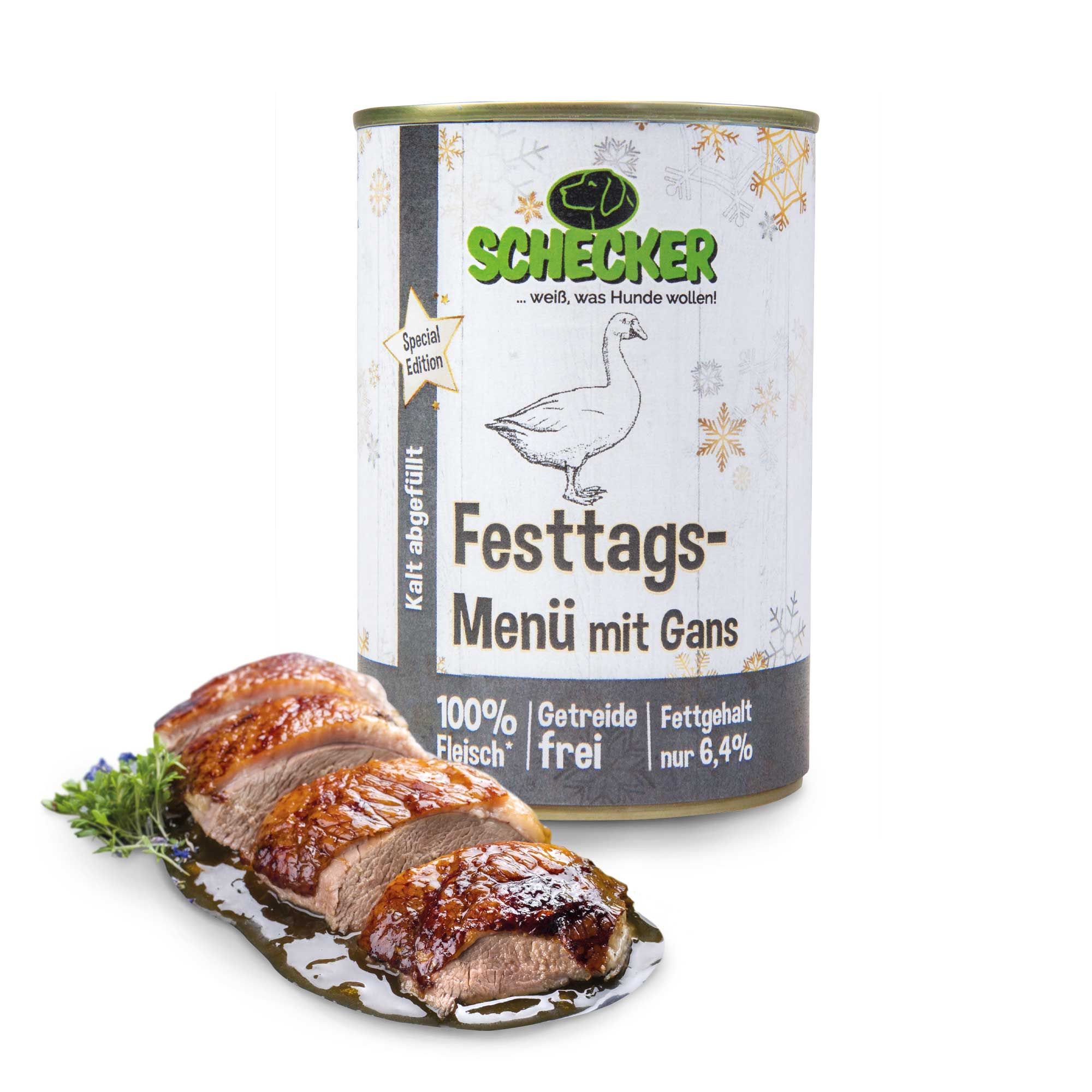 Schecker Festtags-Menü mit Gans. Dose mit Enten-Illustration und Text. Gebratene Gans auf Platte.