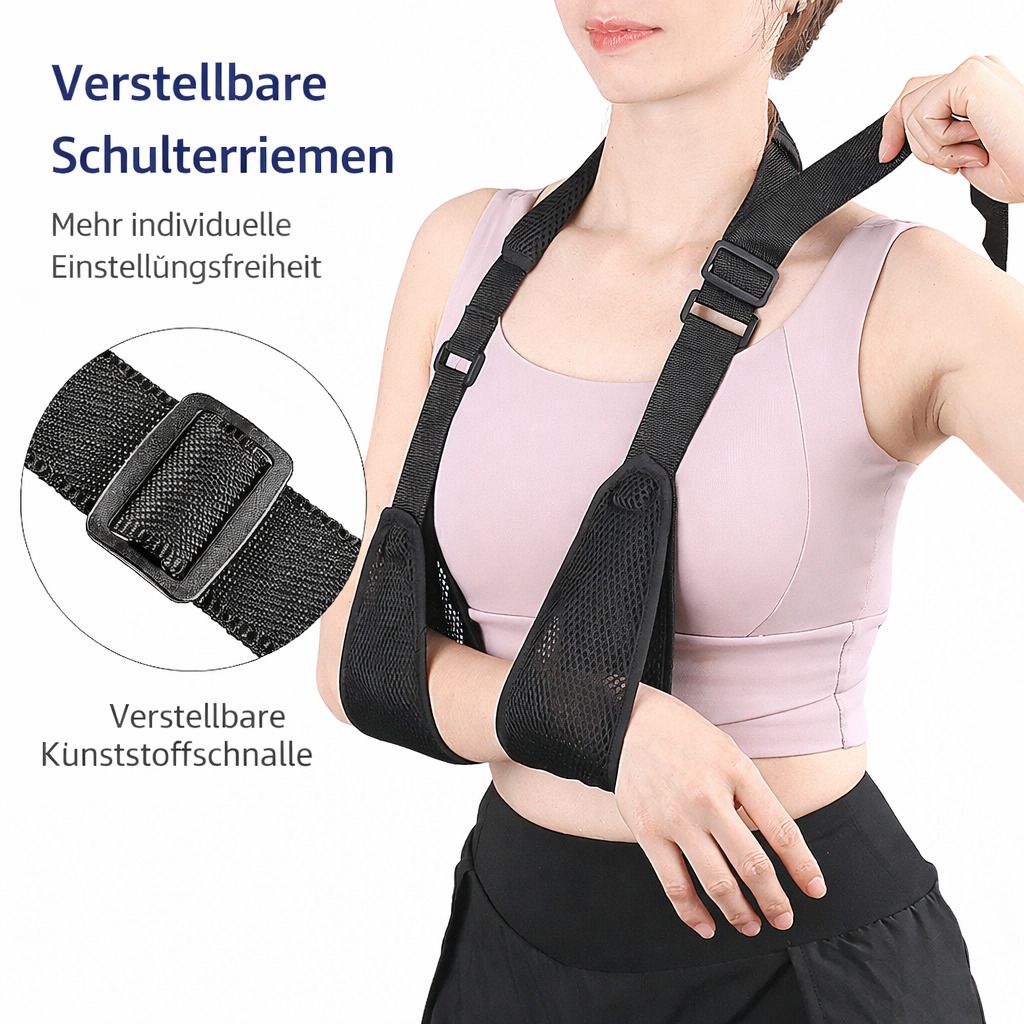 Person trägt schwarze Armschlinge. Verstellbare Schulterriemen und Kunststoffschnalle. Text: Verstellbare Schulterriemen, Mehr individuelle Einstellungsfreiheit.