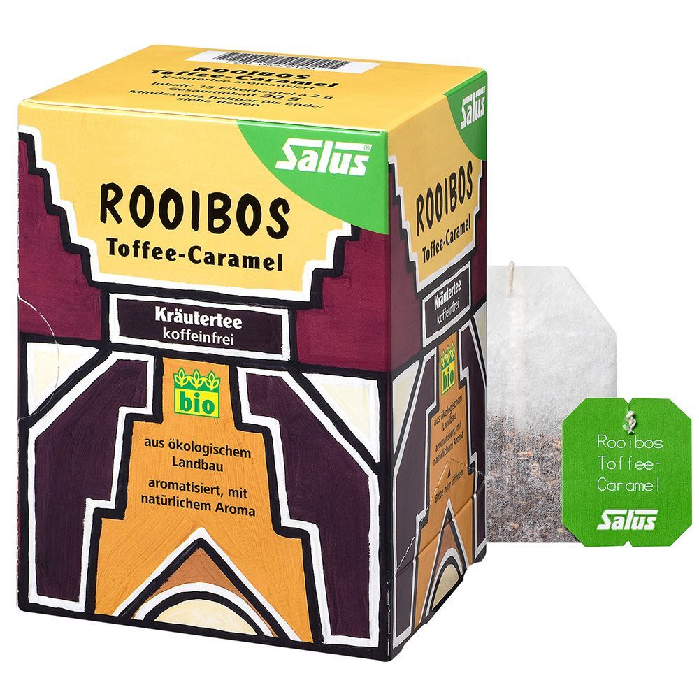 Karton und Teebeutel Salus® Rooibos Toffee-Caramel. Aufschrift: Rooibos, Toffee-Caramel, Kräutertee, koffeinfrei. Bio-Siegel. Etikett.