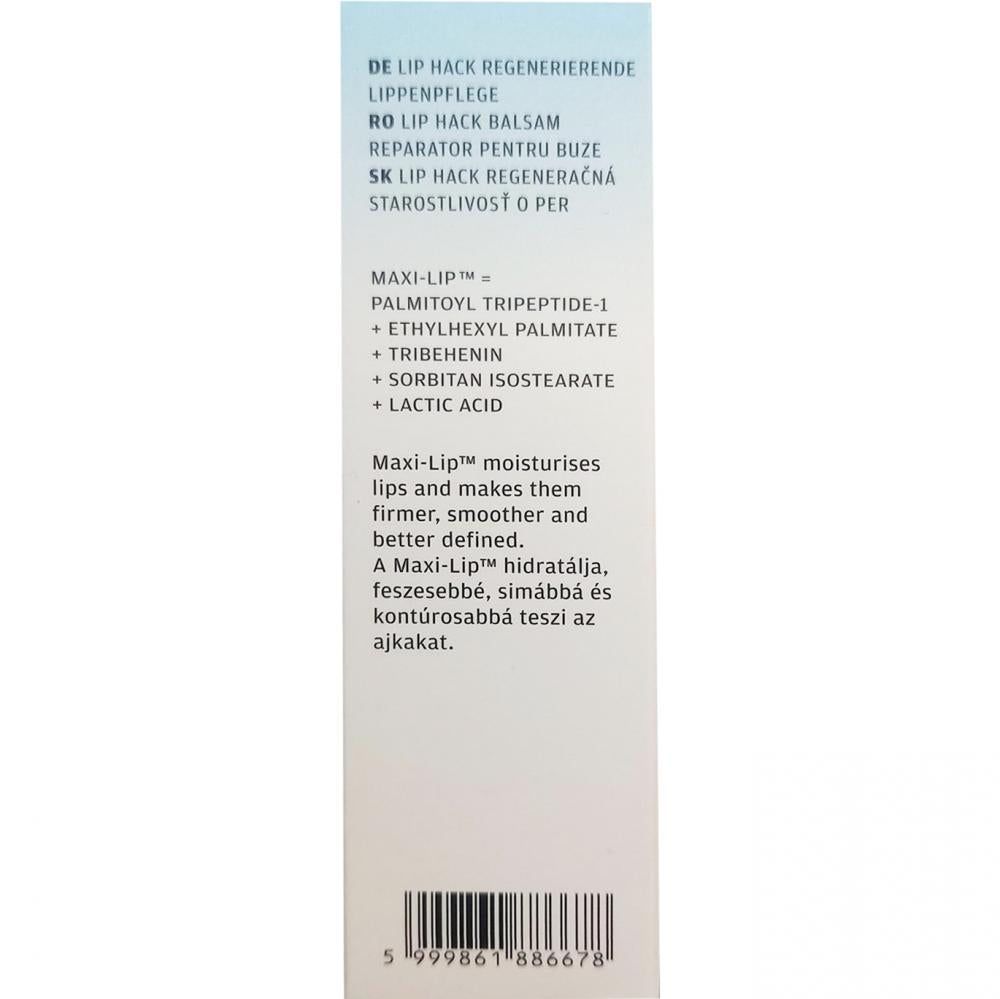 Seitenansicht der ELYN'S LAB Lip Hack Verpackung mit Produktbezeichnungen und Maxi-Lip-Details.