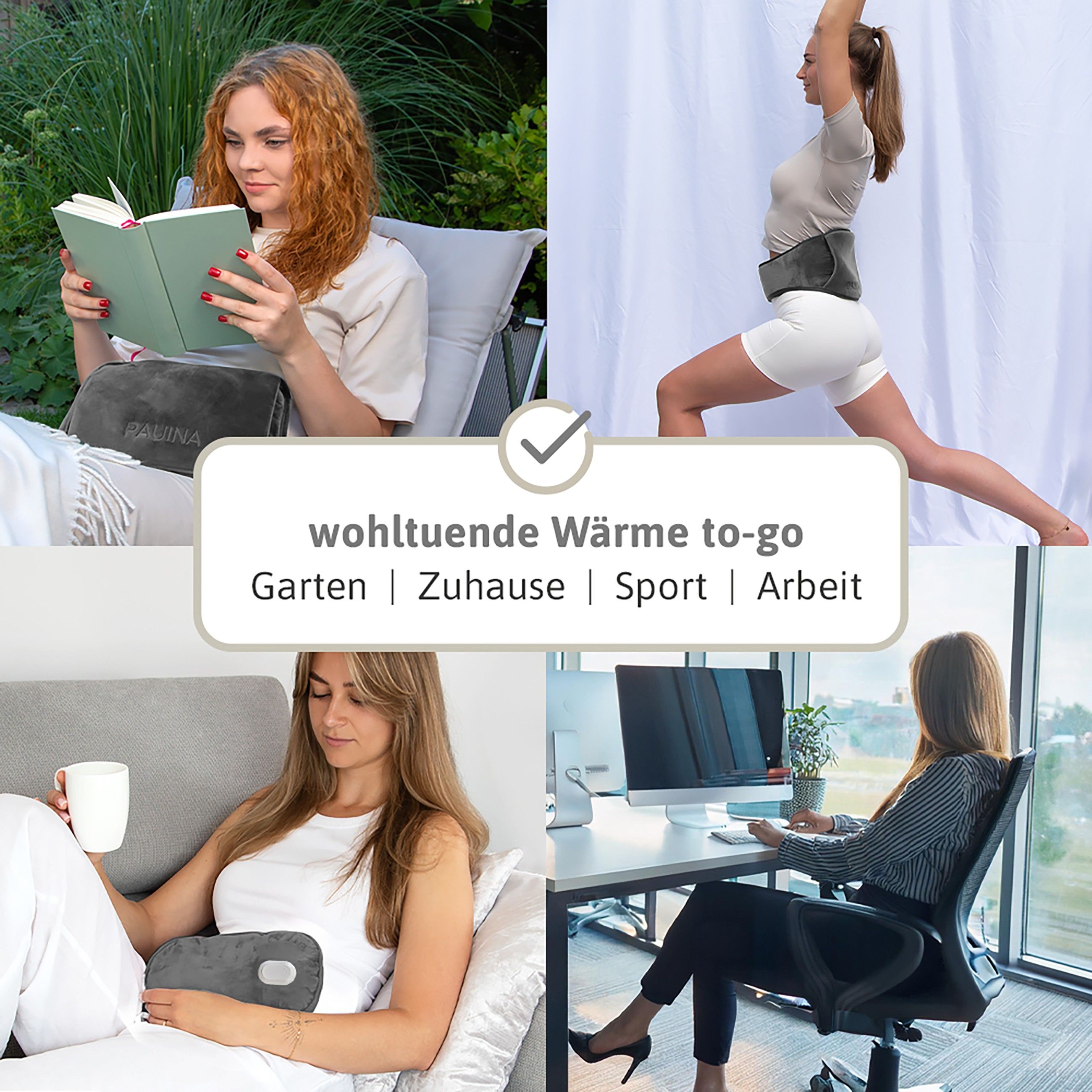 Collage von Frauen in verschiedenen Situationen mit einer grauen Wärmflasche. Text: wohltuende Wärme to-go.