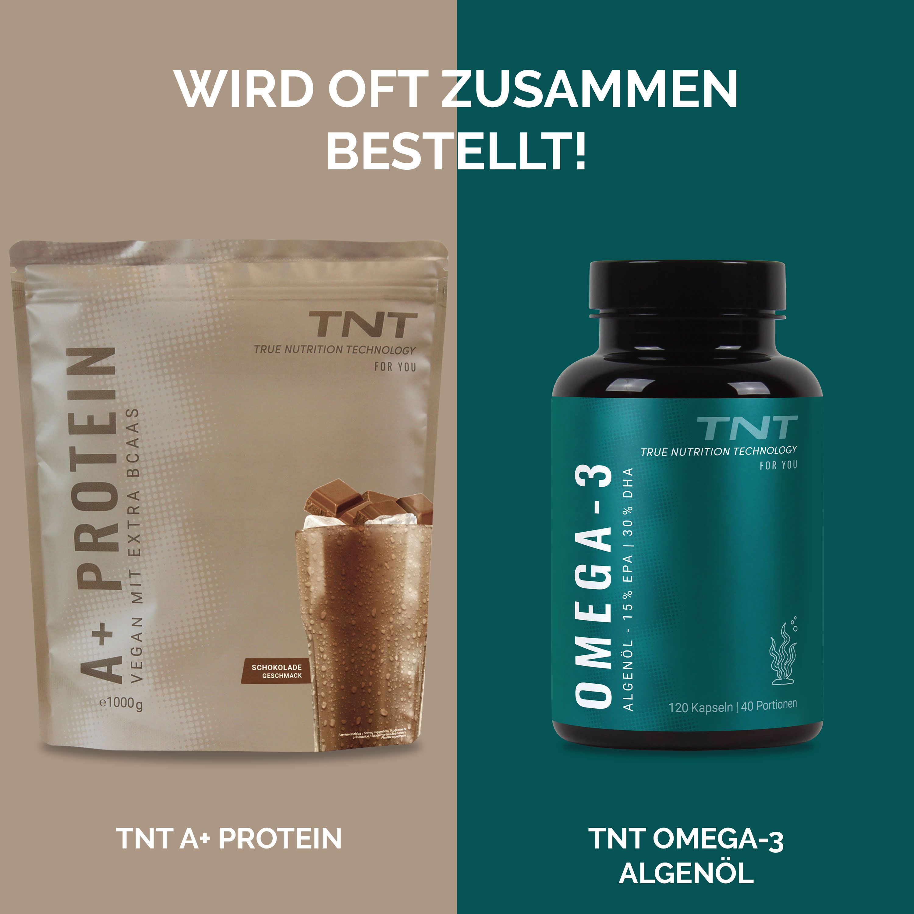 Gegenüberstellung von TNT A+ Protein Beutel und TNT Omega-3 Flasche.