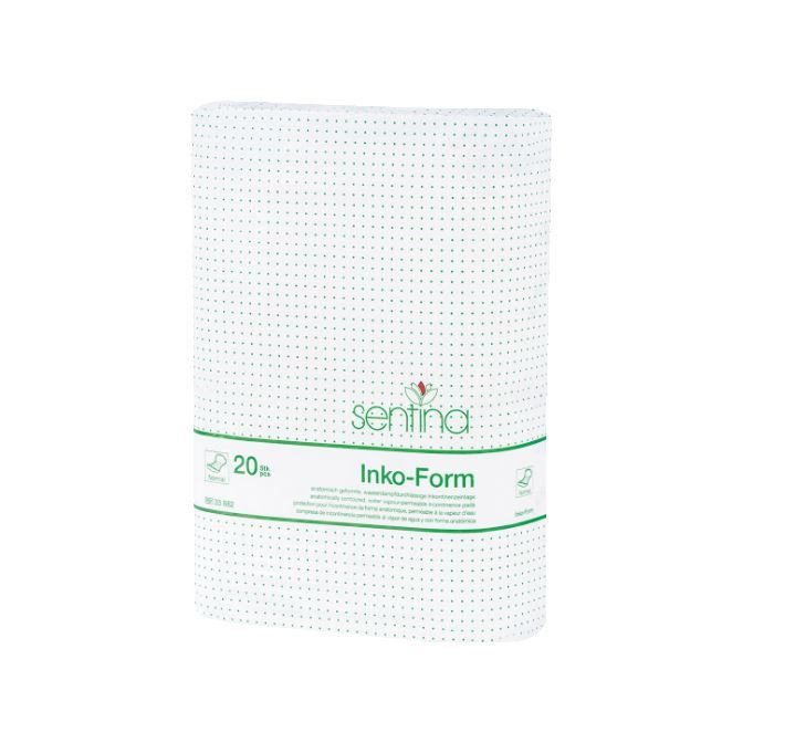 Verpackung mit Sentina Inko-Form. Grün-weiße Verpackung mit Produktbezeichnung und Anzahl.