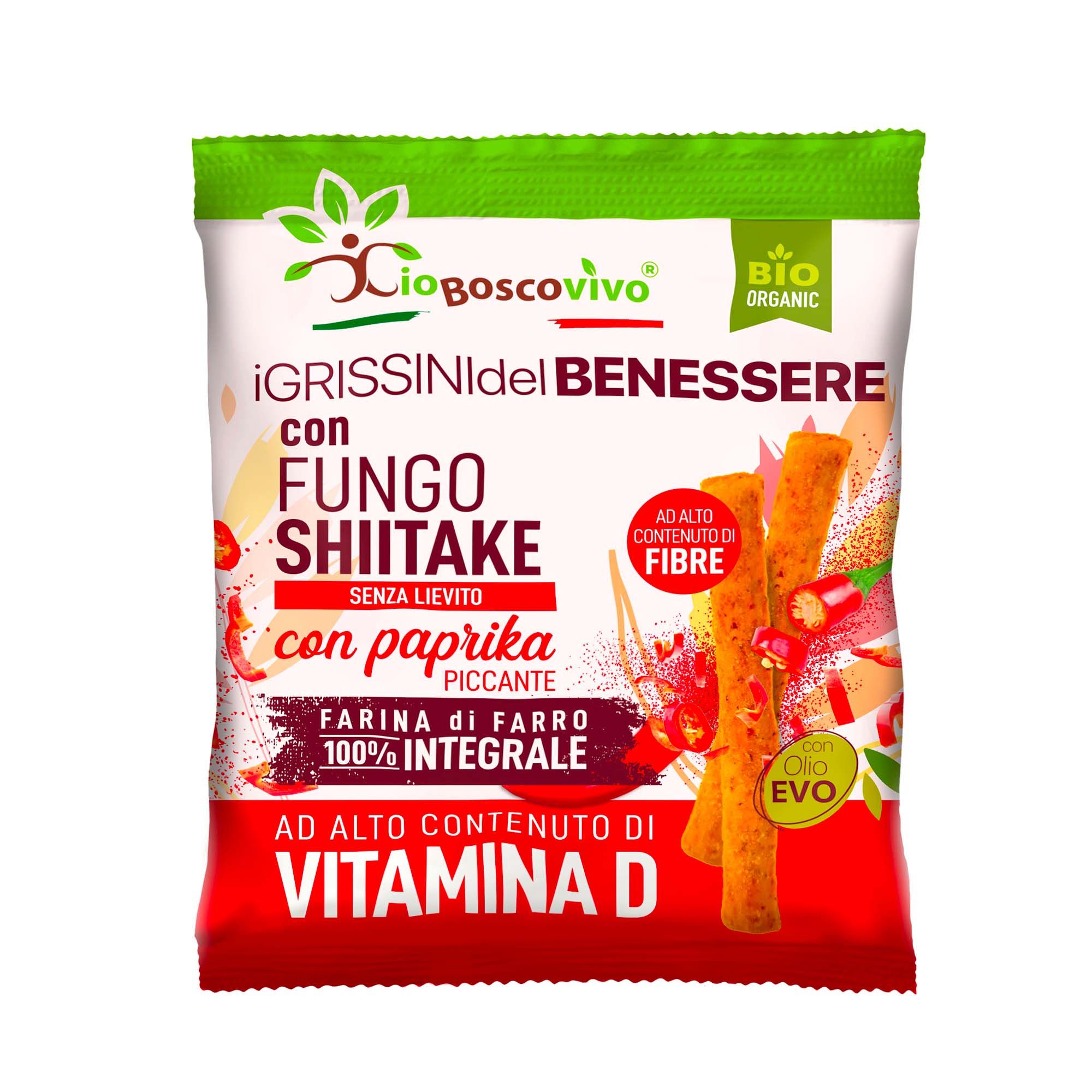 Bio-Grissini mit Paprika und Shiitake, reich an Ballaststoffen und Vitamin D.