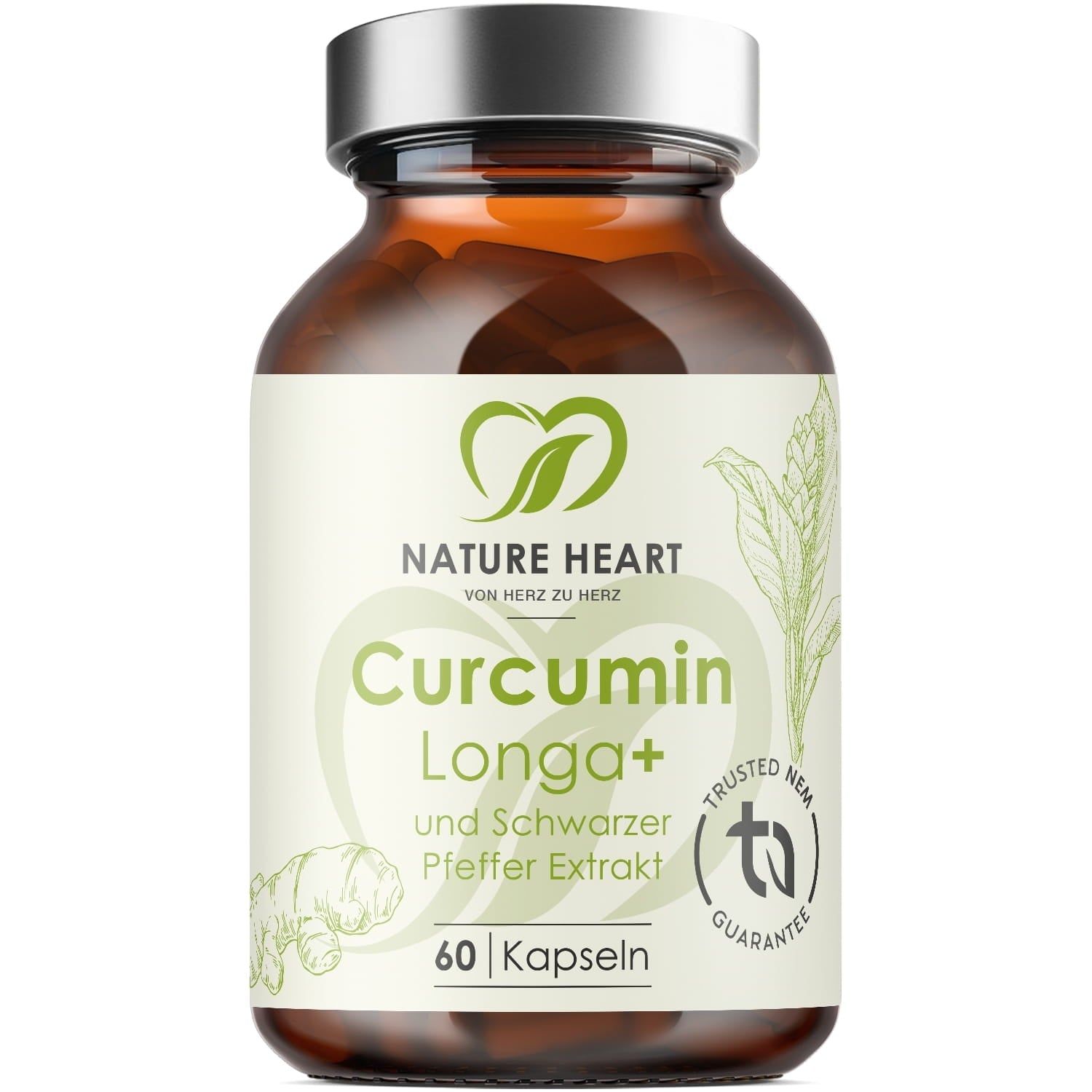 Braune Glasflasche mit Kapseln. Aufschrift: Curcumin Longa+ und 60 Kapseln. Logo: Nature Heart.