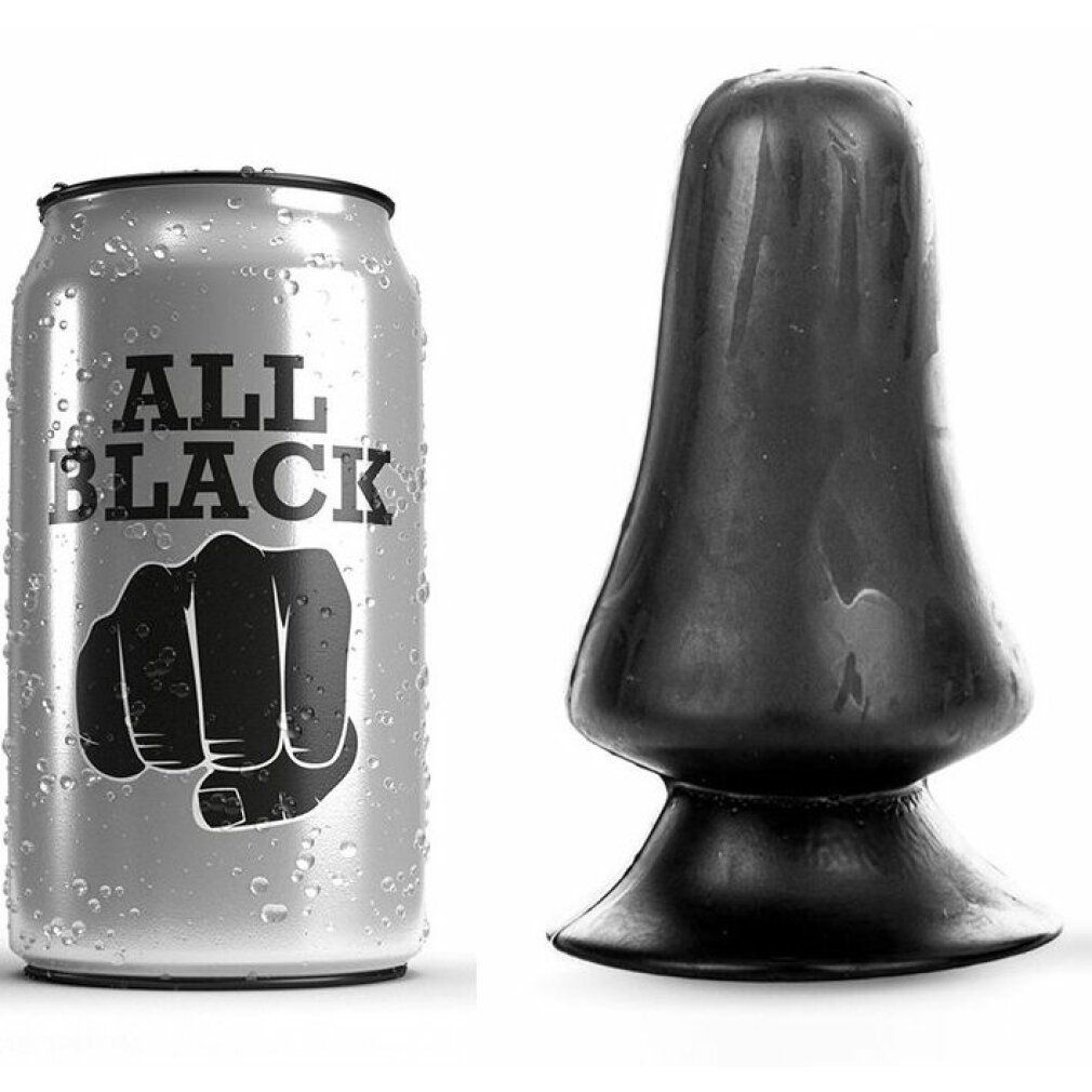 Schwarzer Analplug neben einer Dose mit dem Schriftzug "ALL BLACK" und einem Faust-Symbol.