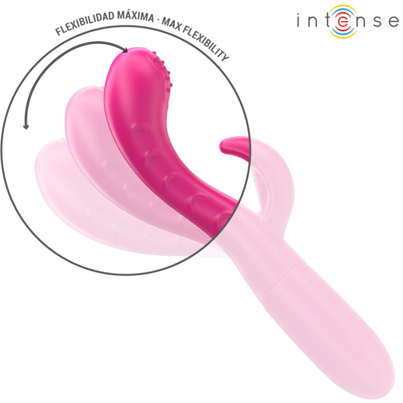 Pinkfarbener Vibrator mit stimulierender Zunge. Flexibilität wird durch einen Bogen angezeigt. Marke: Intense.