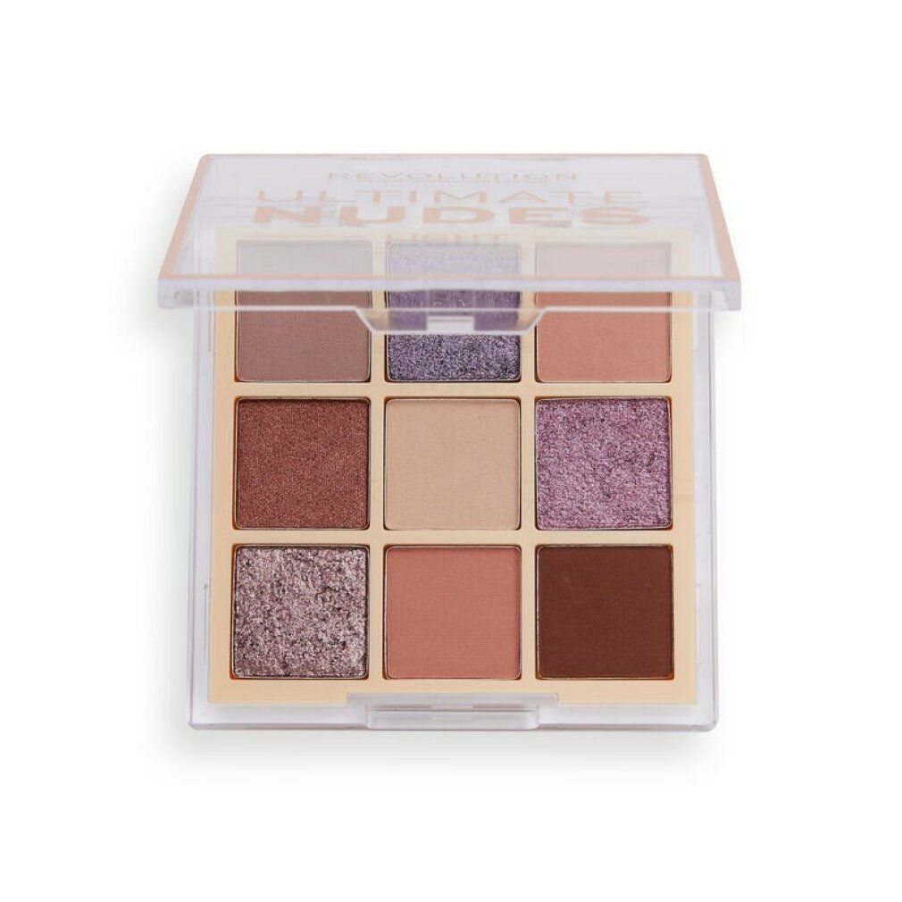 Geöffnete Lidschatten-Palette mit neun Farbtönen. Aufschrift: ULTIMATE NUDES LIGHT. Transparente Verpackung.