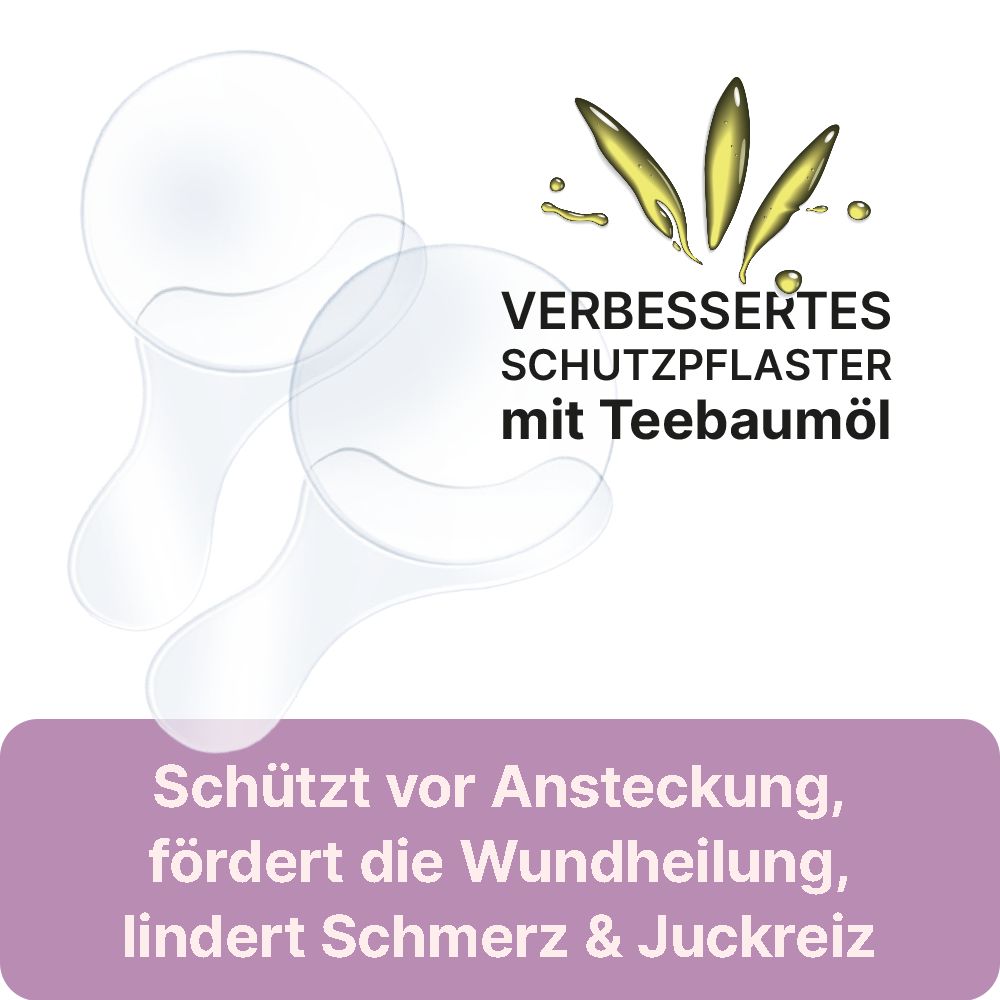 Verbessertes Schutzpflaster mit Teebaumöl. Schützt vor Ansteckung, fördert Wundheilung, lindert Schmerz & Juckreiz.
