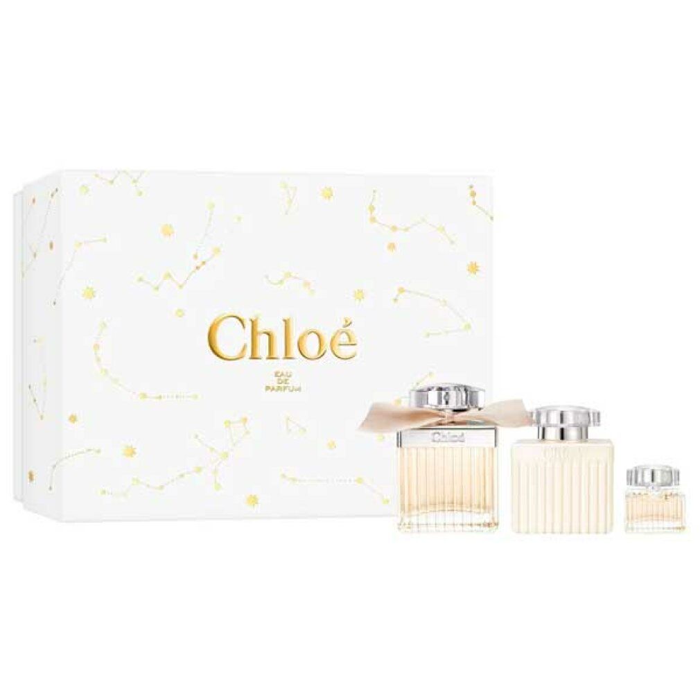 Geschenkset mit drei Flakons und einer Schachtel. Auf der Schachtel steht "Chloé Eau de Parfum".