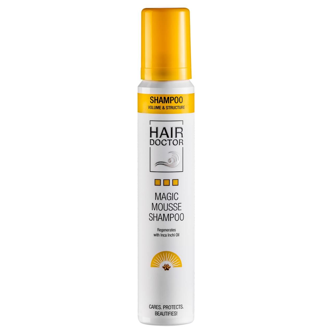 Haarschaum-Shampoo mit gelbem Deckel. Aufschrift: Hair Doctor, Magic Mousse Shampoo. Volumen & Struktur.