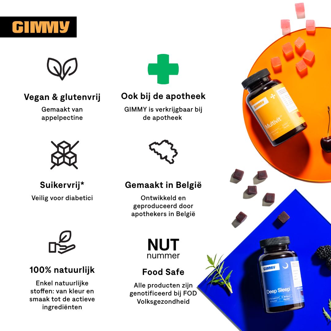 Infografik mit Logos und Text. "Vegan & glutenfrei", "Auch bei der Apotheke", "Zuckerfrei", "Gemacht in Belgien", "100% natürlich", "Food Safe".