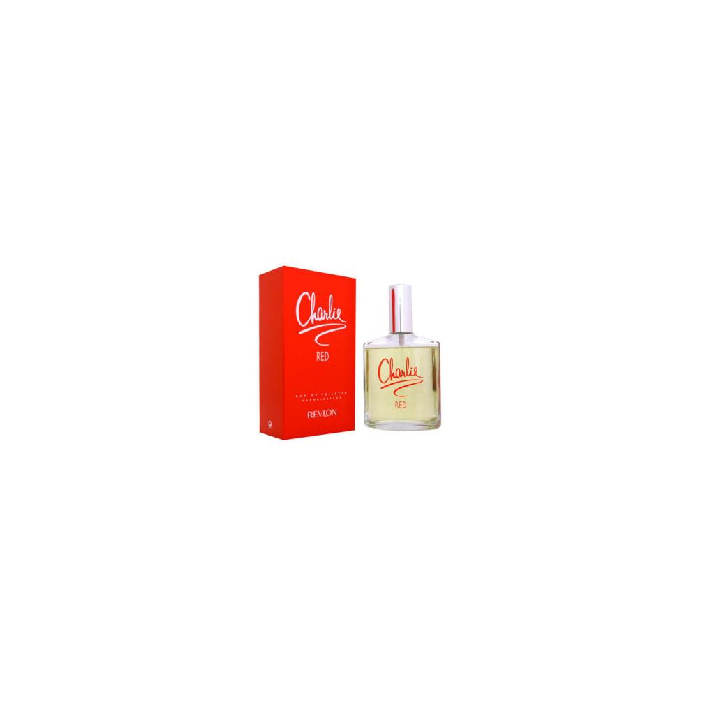Eine Flasche und eine rote Schachtel. Auf der Flasche und der Schachtel steht "Charlie RED". Der Name "Revlon" ist ebenfalls sichtbar.