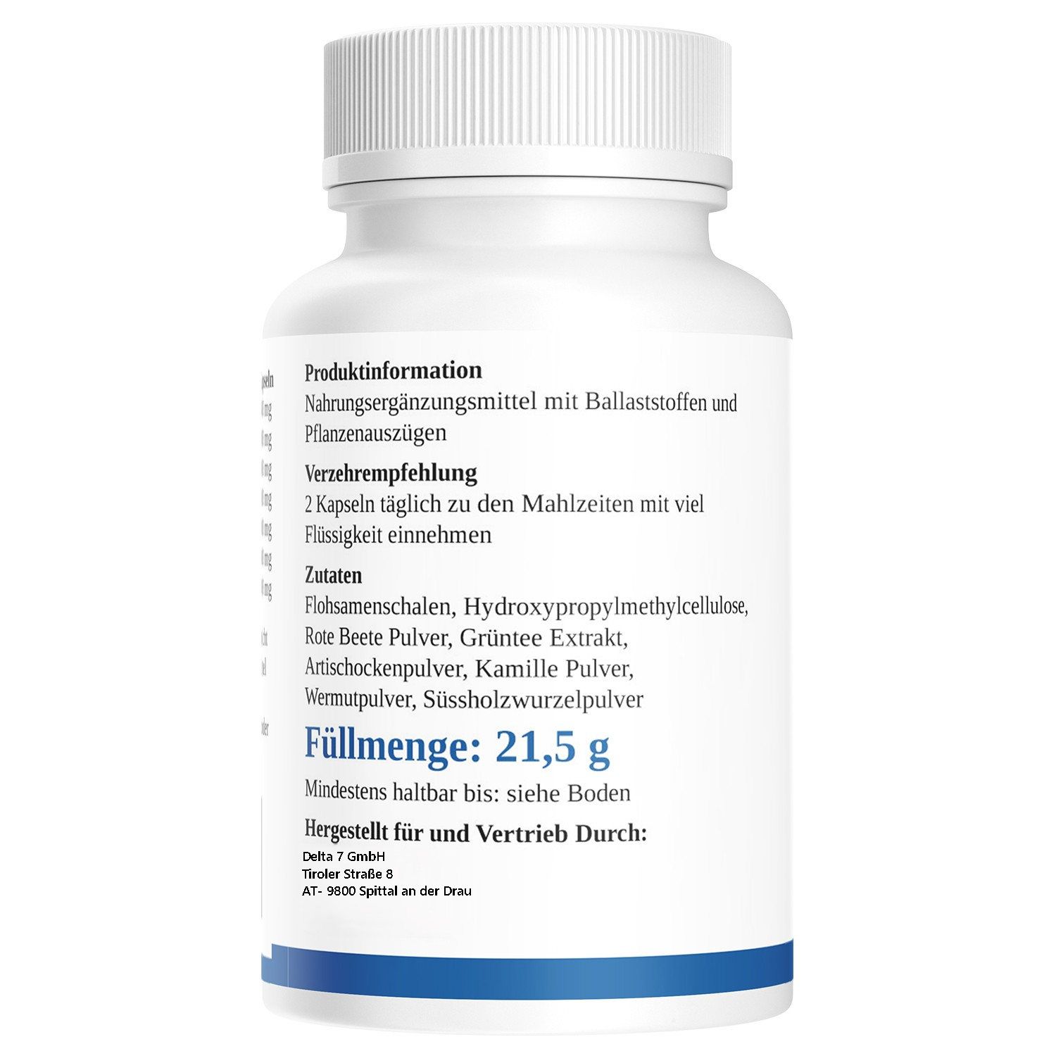 Rückseite einer weißen Kapsel-Dose. Produktinformationen, Verzehrempfehlung, Zutaten, Füllmenge: 21,5 g. Mindestens haltbar bis: siehe Boden.